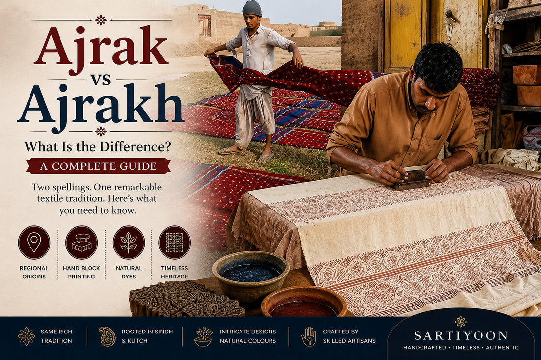 Traditional Ajrak hand block printing by artisans in Sindh, Pakistan