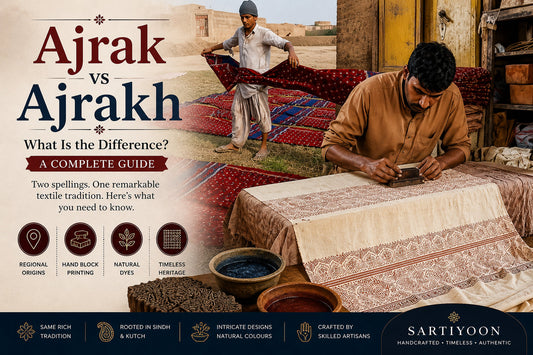 Traditional Ajrak hand block printing by artisans in Sindh, Pakistan