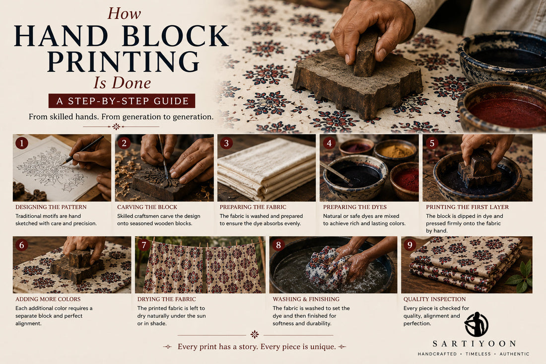 Step-by-step guide to traditional hand block printing, featuring carved wooden blocks, natural dyes, fabric preparation, printing, drying, finishing, and quality inspection.