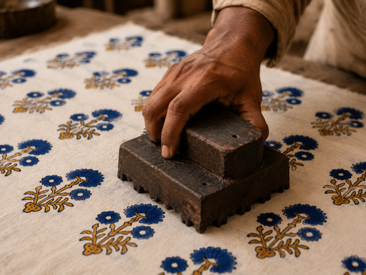 Traditional textile artisan creating handcrafted floral butta prints with a wooden block.