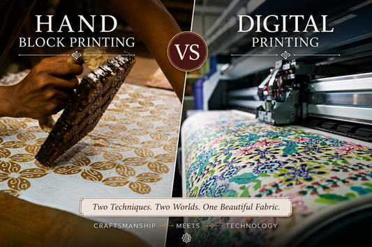 Split-screen comparison showing traditional hand block printing by an artisan using a carved wooden block beside a modern digital textile printing machine producing patterned fabric.