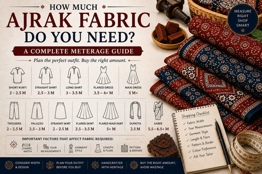 Ajrak fabric meterage guide showing 5 metres for skirts and maxi dresses and 5+ metres for flared maxi dresses.