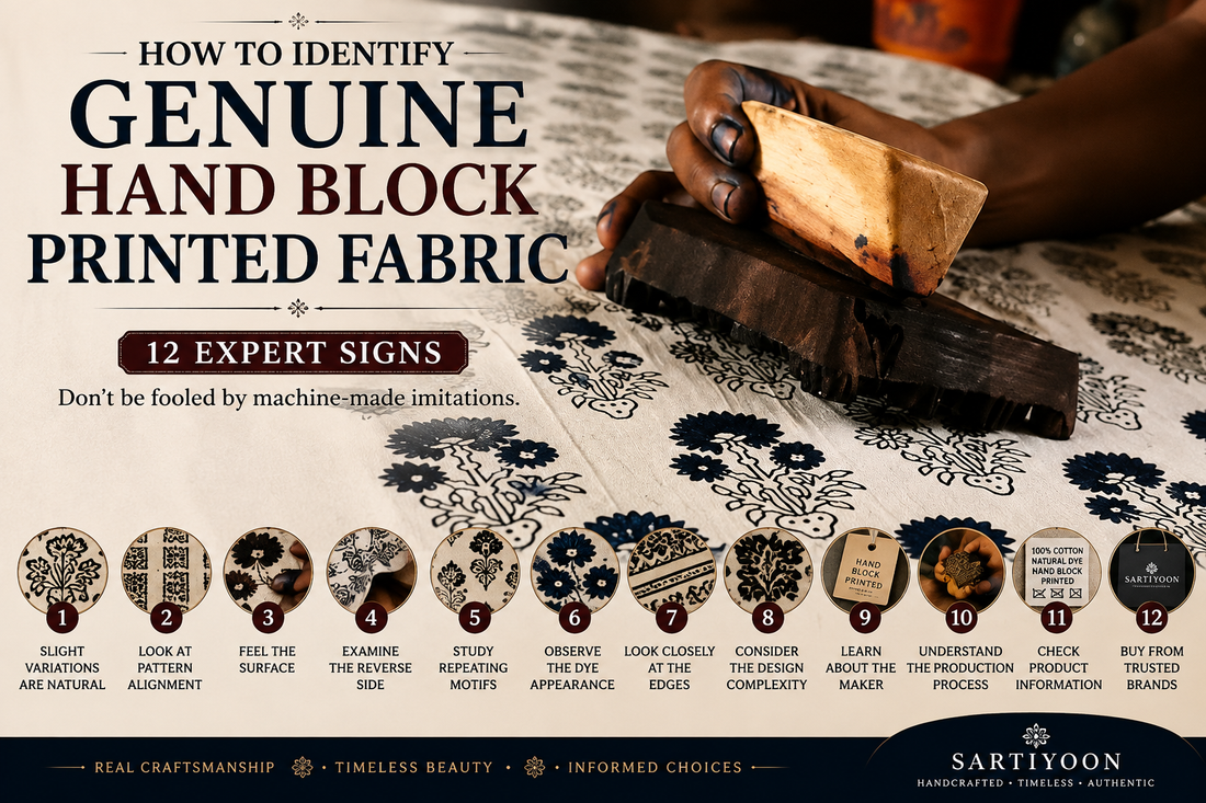 Original hand block printing process featuring a skilled artisan stamping floral motifs onto fabric with a handcrafted wooden block.