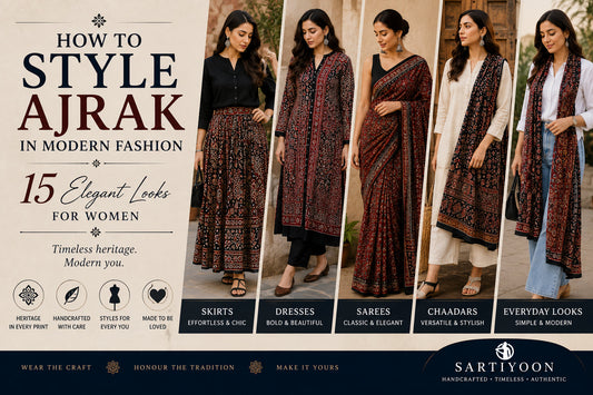 Sartiyoon hand block printed Ajrak fabrics in traditional floral, geometric, paisley and dotted patterns displayed on mannequins, showcasing elegant Ajrak styles for modern women.