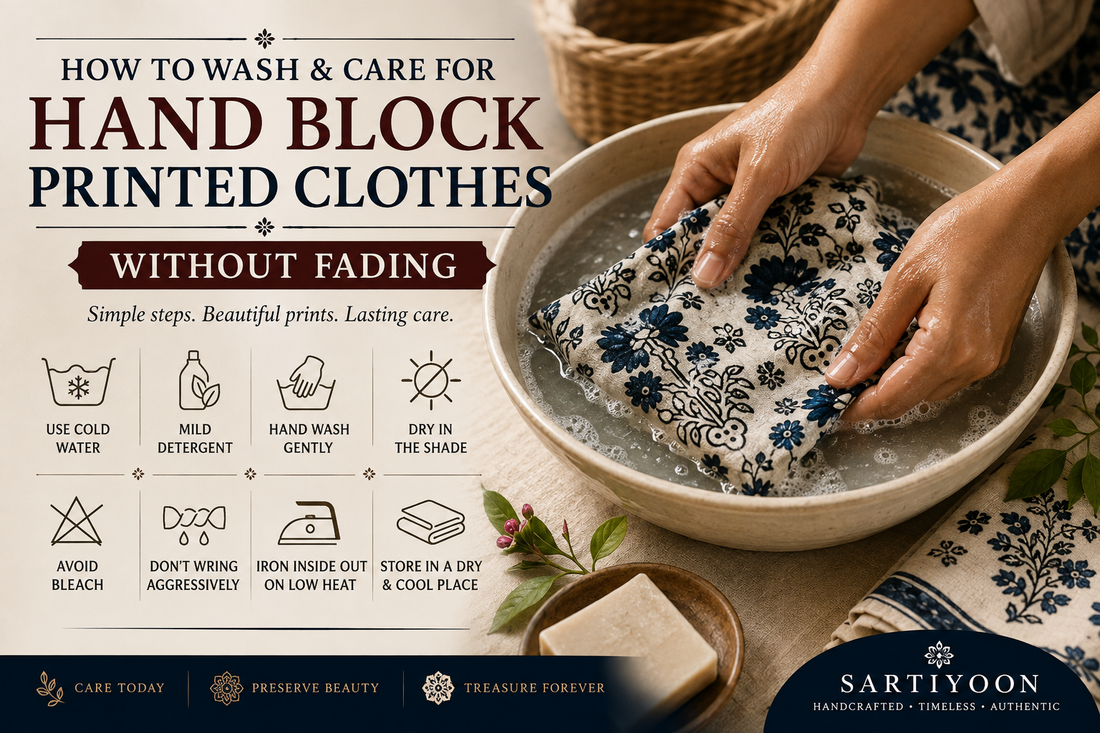 How to wash and care for hand block printed clothes without fading, showing gentle hand washing, cold water, mild detergent, shade drying and proper storage.