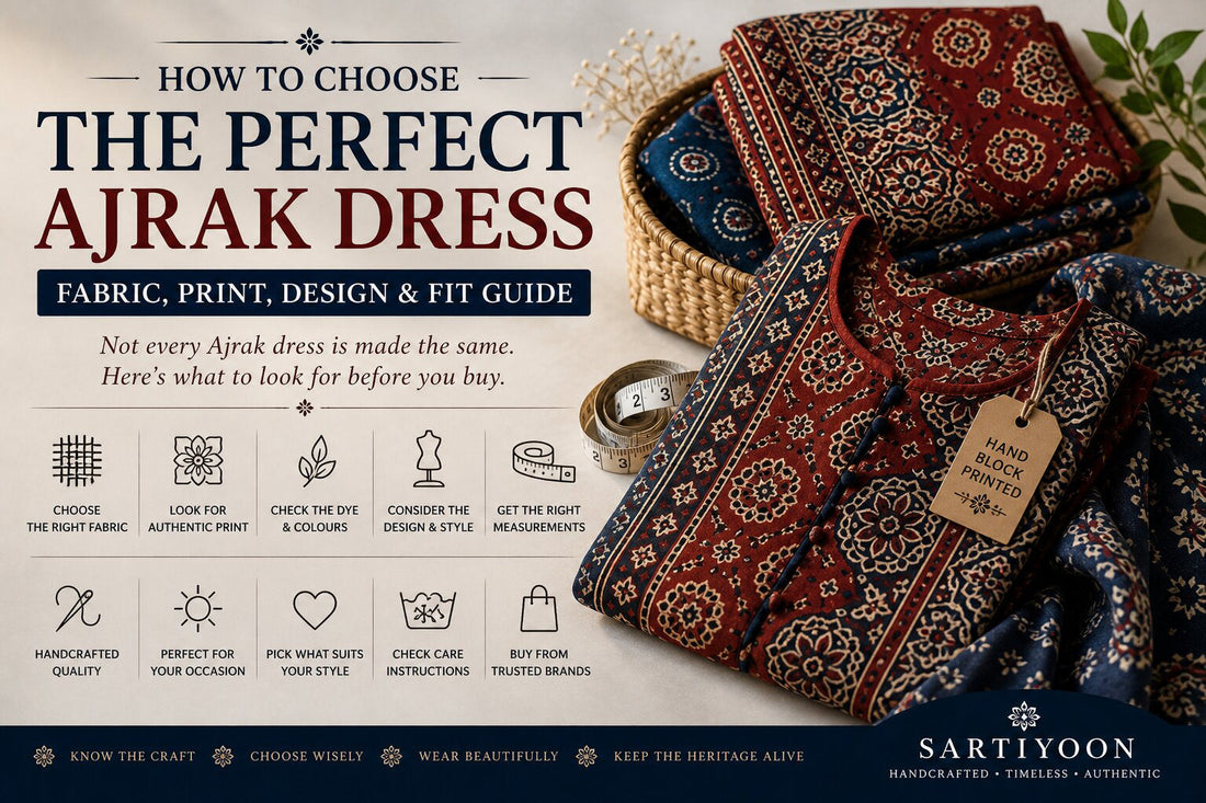 How to choose the perfect Ajrak dress, featuring hand block printed Ajrak fabric, a traditional dress, measuring tape, and a guide to fabric, print, design and fit.