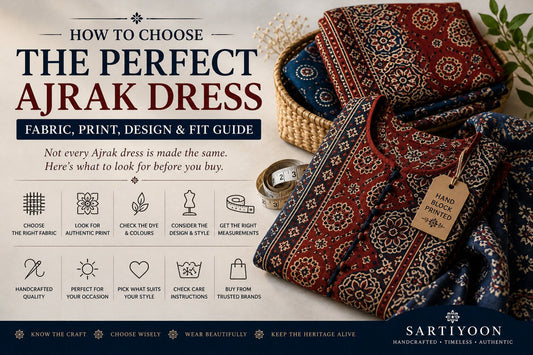 How to choose the perfect Ajrak dress, featuring hand block printed Ajrak fabric, a traditional dress, measuring tape, and a guide to fabric, print, design and fit.