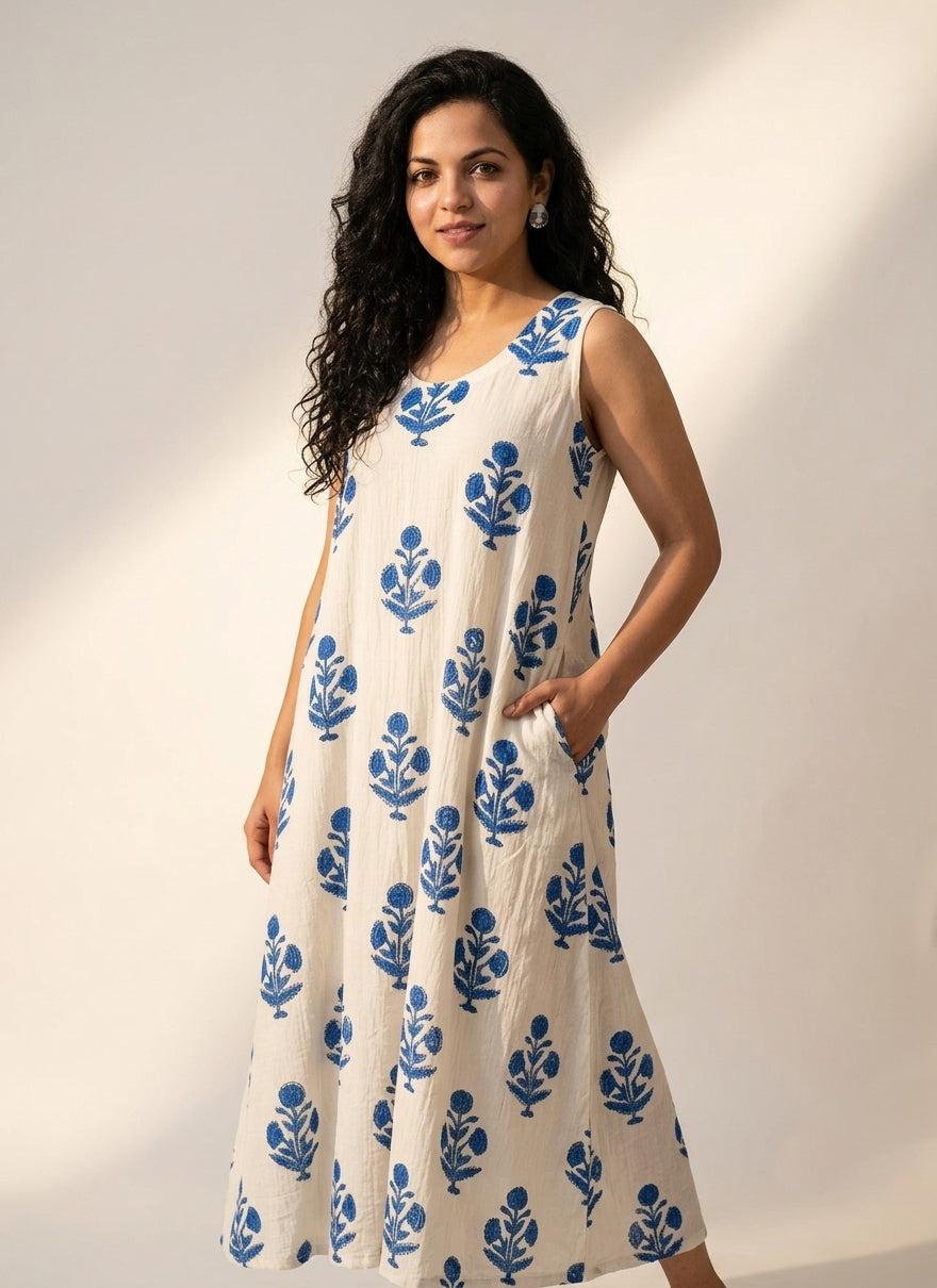 Blue Floral Hand Block Printed A-Line Dress – Daisy Bloom Hand Block Print Summer Midi Dress