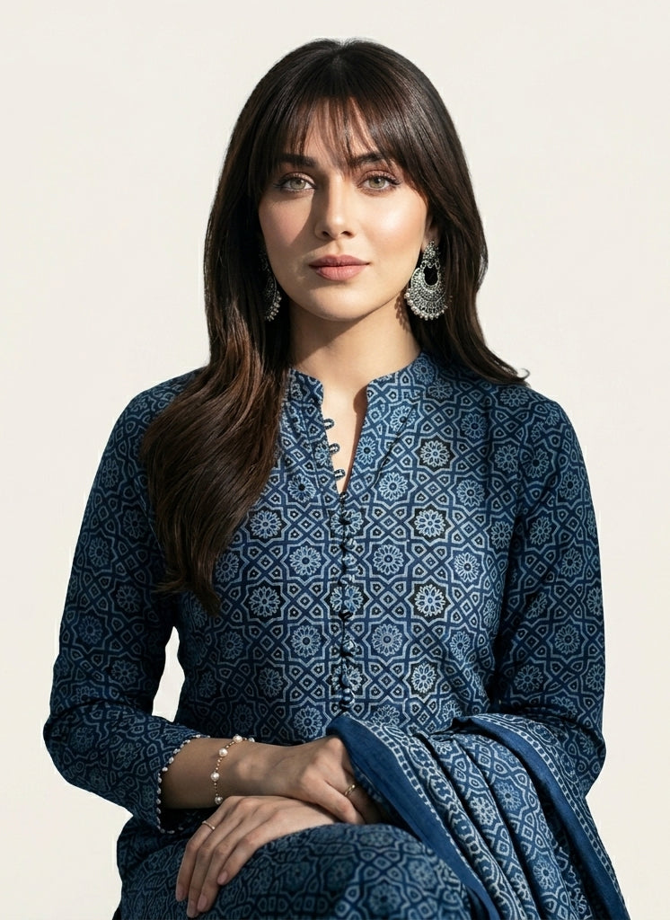 **ALT Text:**
Organic Dye Hand Block Printed Ajrak Moroccan Indigo Two-Piece Lawn Set with unstitched shirt and dupatta featuring traditional Sindhi artisan craftsmanship and timeless geometric motifs.

