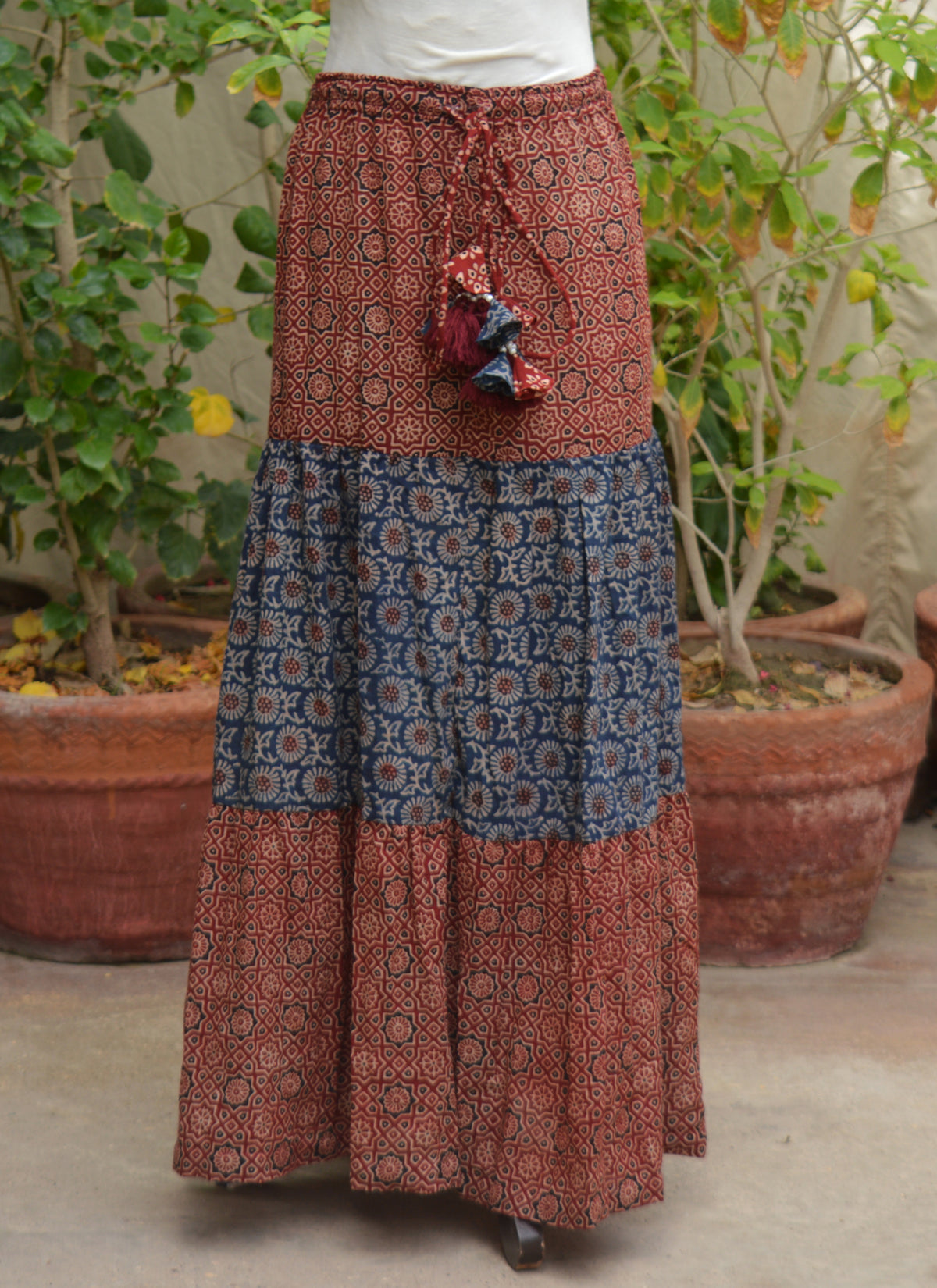 Handmade Ajrak Design Dress three-tier maxi skirt with adjustable dori, thread tassels, and flowing silhouette