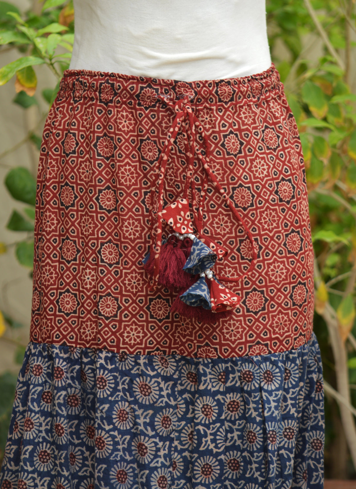 Traditional Sindhi Ajrak 3-tiered lawn skirt available in two colors with artisan hand block printed design