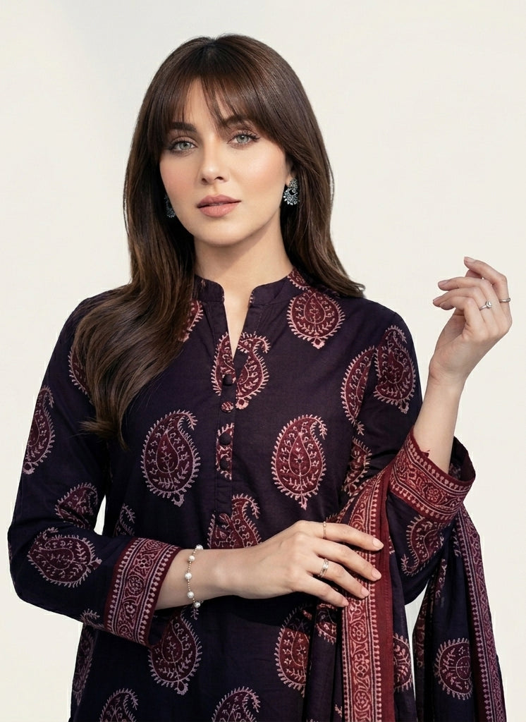 Organic dyed hand block printed Ajrak Anbi unstitched lawn two-piece shirt and dupatta