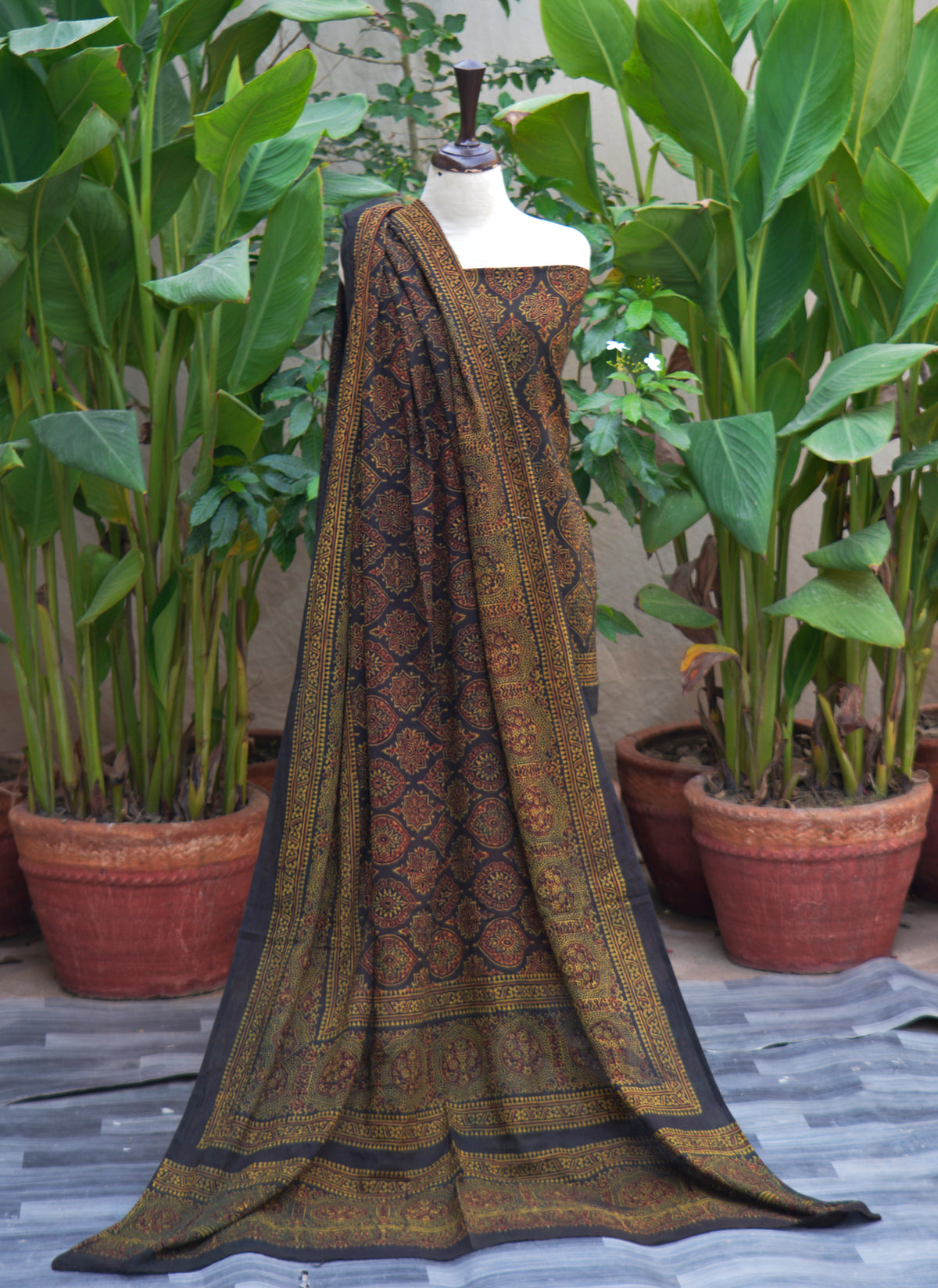 Ajrak Badam dark green base maroon filler motifs two-piece unstitched shirt & dupatta lawn cotton