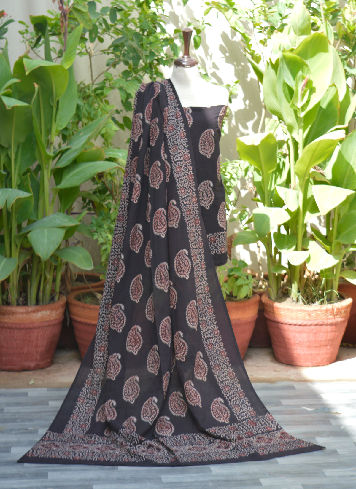 Ajrak Design Dress – Black Anbi Kakkar motif on unstitched shirt and dupatta, hand block printed with organic dyes