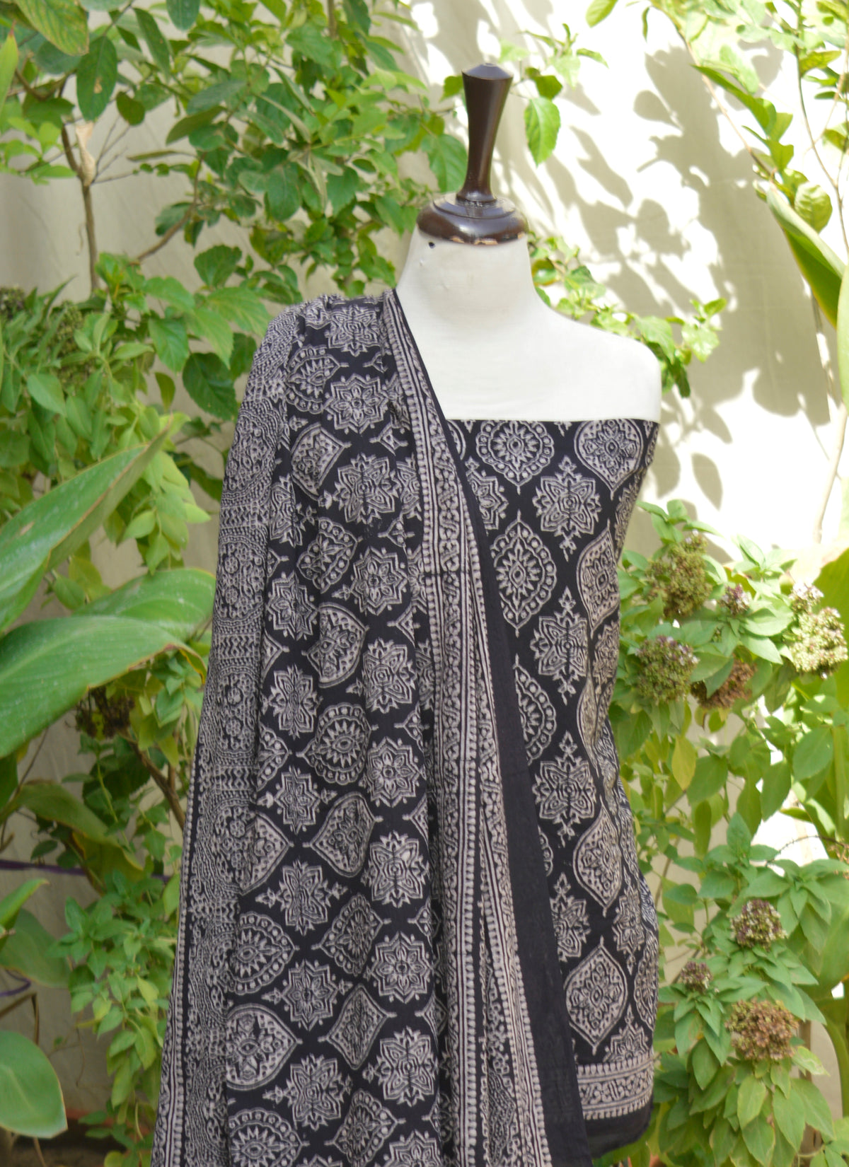 Unstitched black Ajrak shirt and dupatta set with classic badam print on lawn