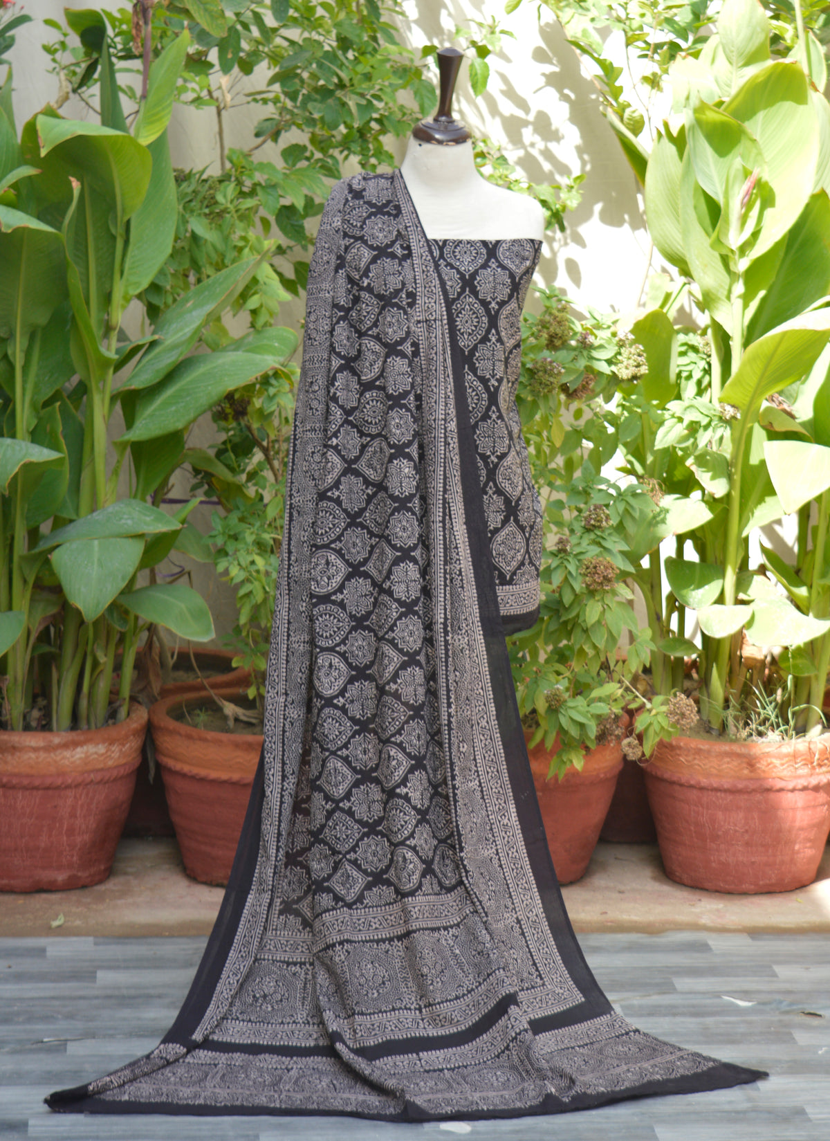 Ajrak Design Dress – black badam motif two-piece hand block printed with organic dyes