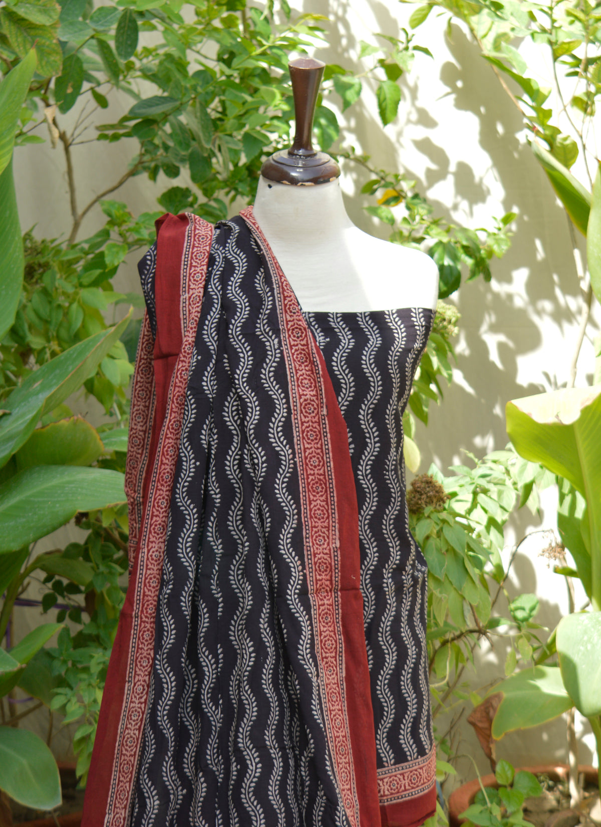 Artisan-made Ajrak Design Dress Black Bel with intricate design on soft lawn cotton fabric