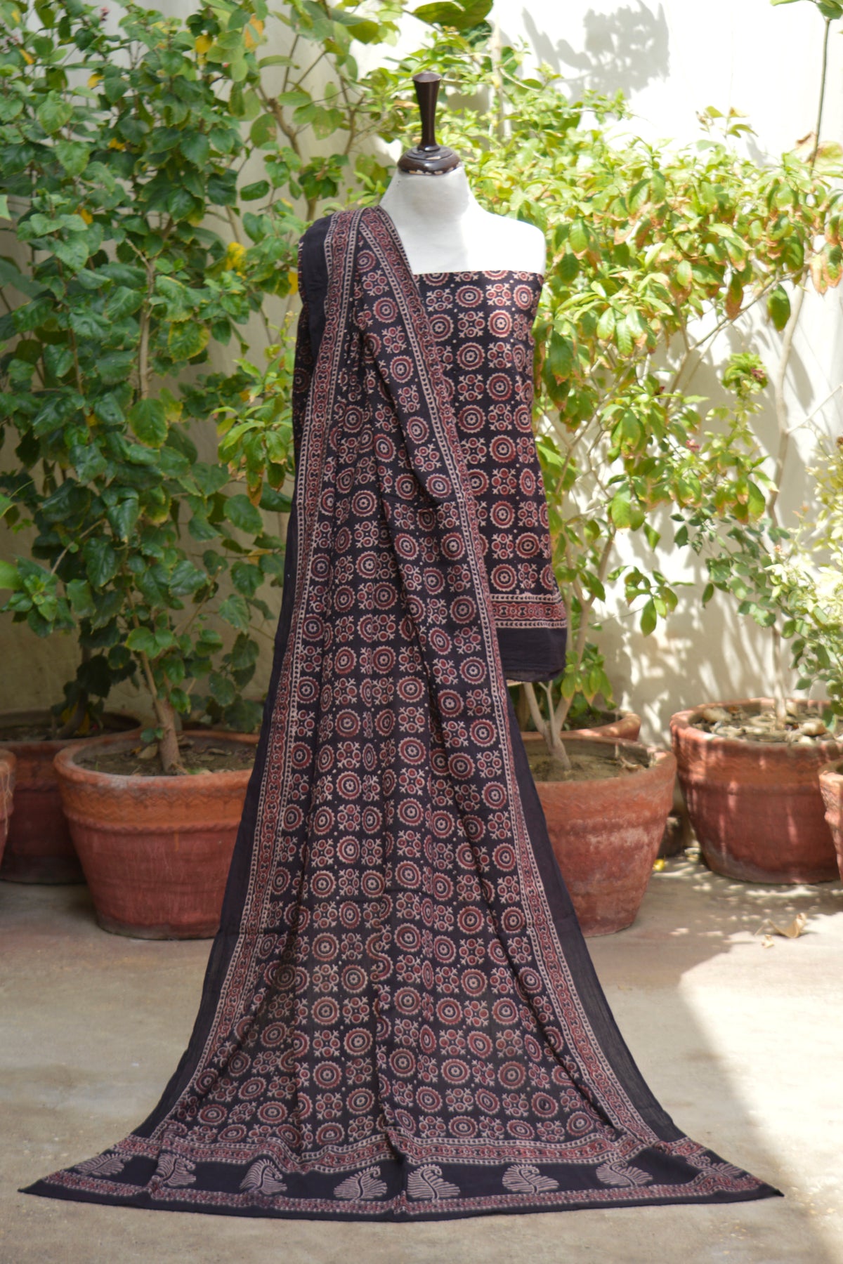 Handmade Ajrak Black Floranza two-piece dress fabric with authentic artisan craftsmanship