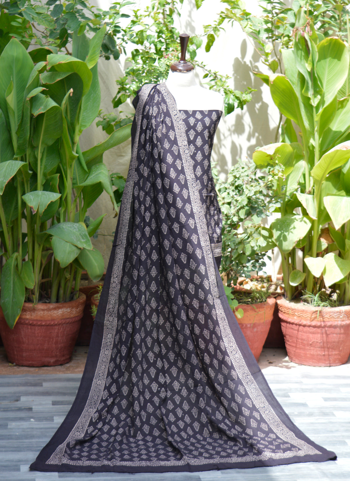 Ajrak Design Dress – black floral butti shirt and dupatta in organic dyed lawn cotton