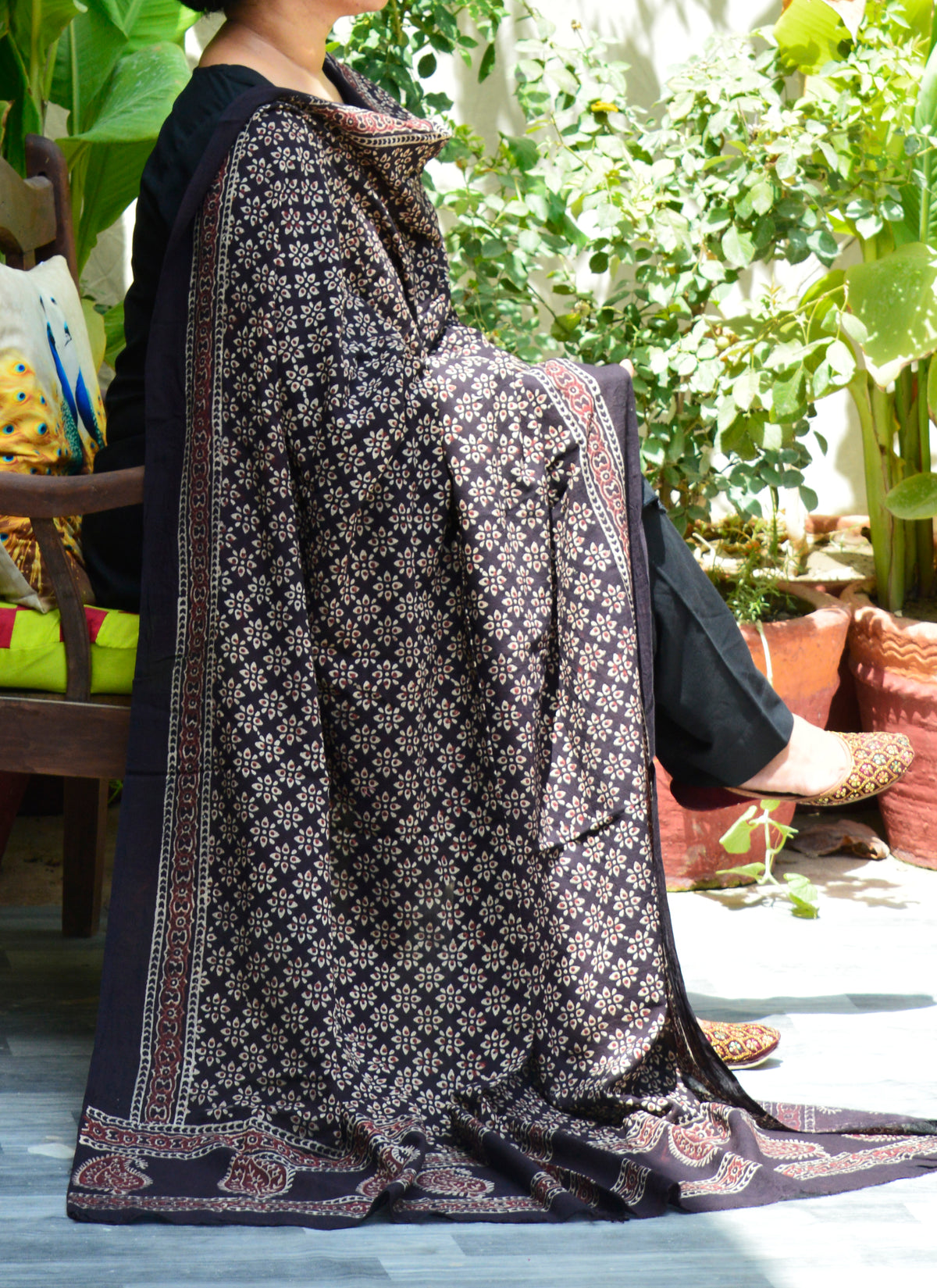 Ajrak black floral odhni – organic dye hand block printed shawl