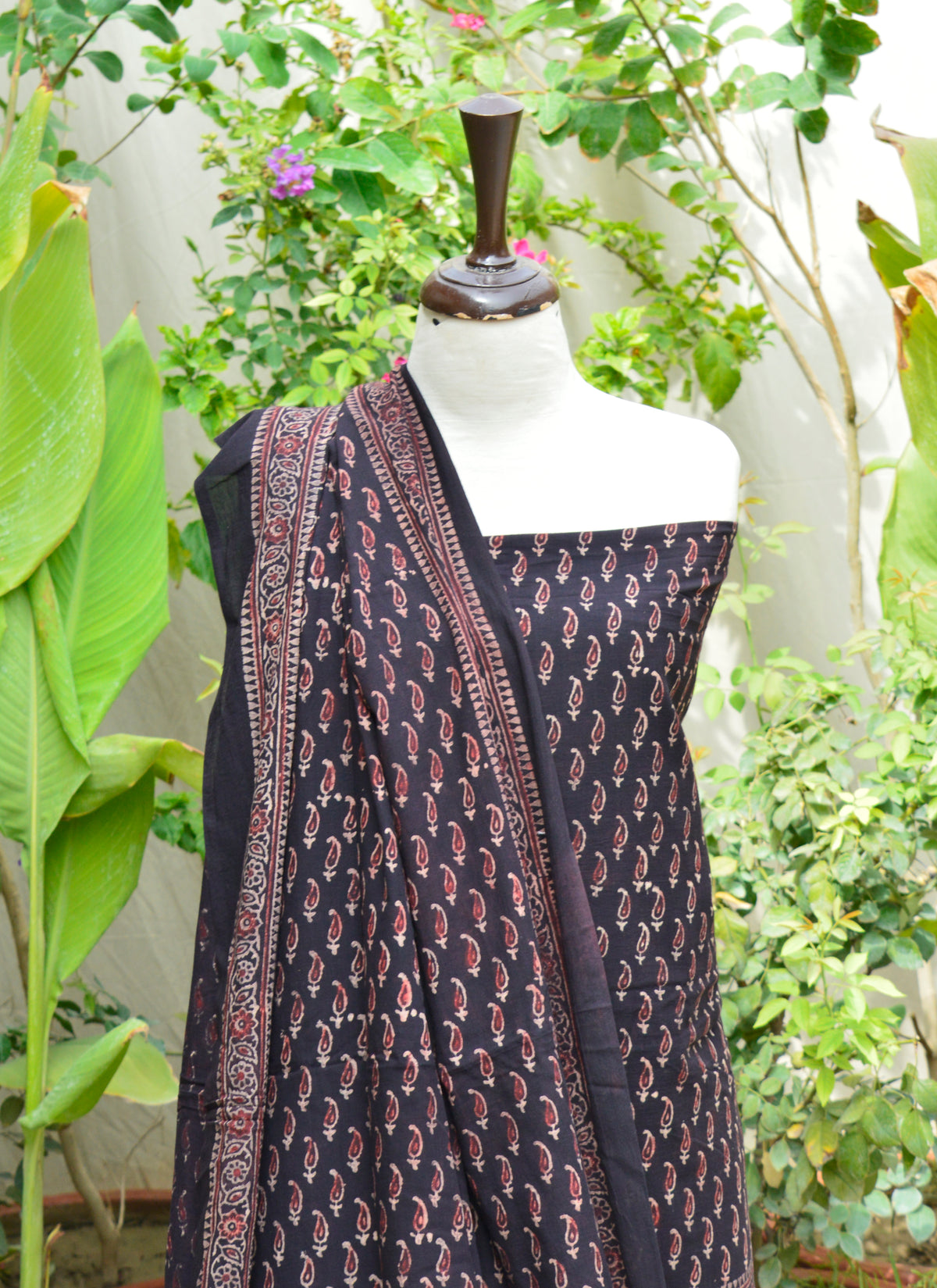 Handcrafted Ajrak Black Kerry unstitched shirt and dupatta with traditional Kerry motifs