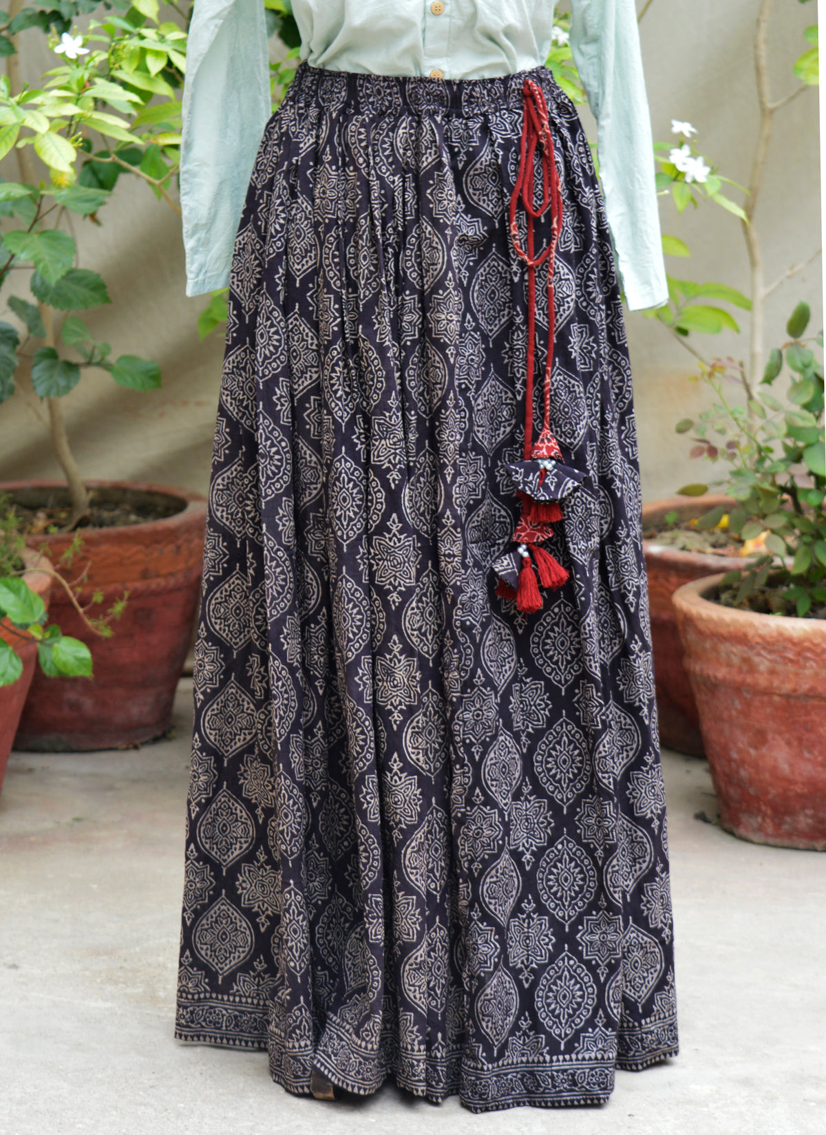 Traditional Sindhi Ajrak maxi skirt black Badam pattern Pakistan