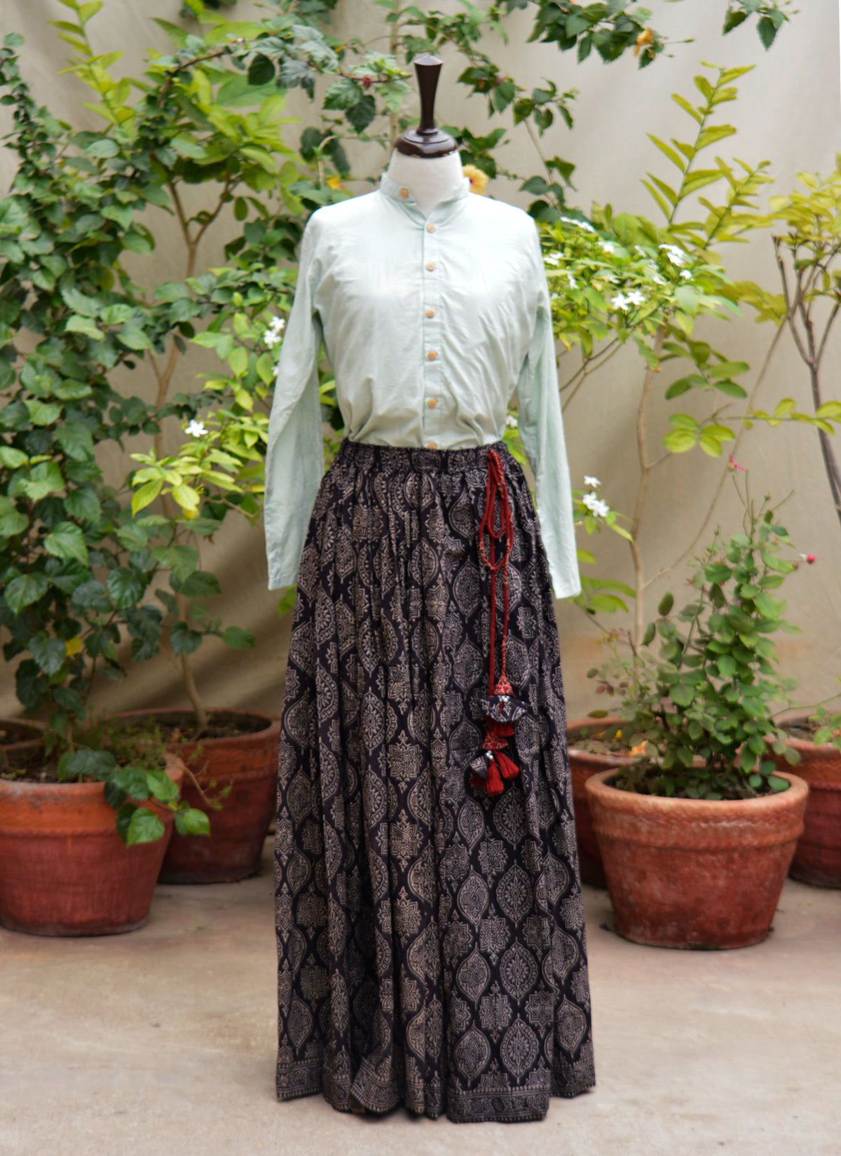 Boho Ajrak Design Dress lawn maxi skirt with thread tassel waist