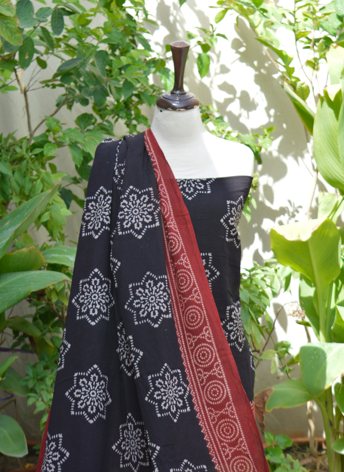 Hand block printed Ajrak two-piece black starry design, sustainable lawn cotton outfit