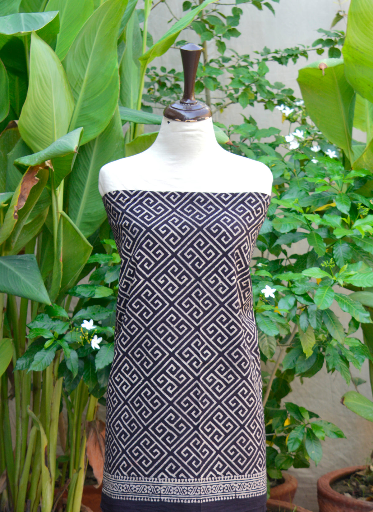 Handcrafted Ajrak Black Taskeen Cotton Dress – unstitched shirt and dupatta with block print.