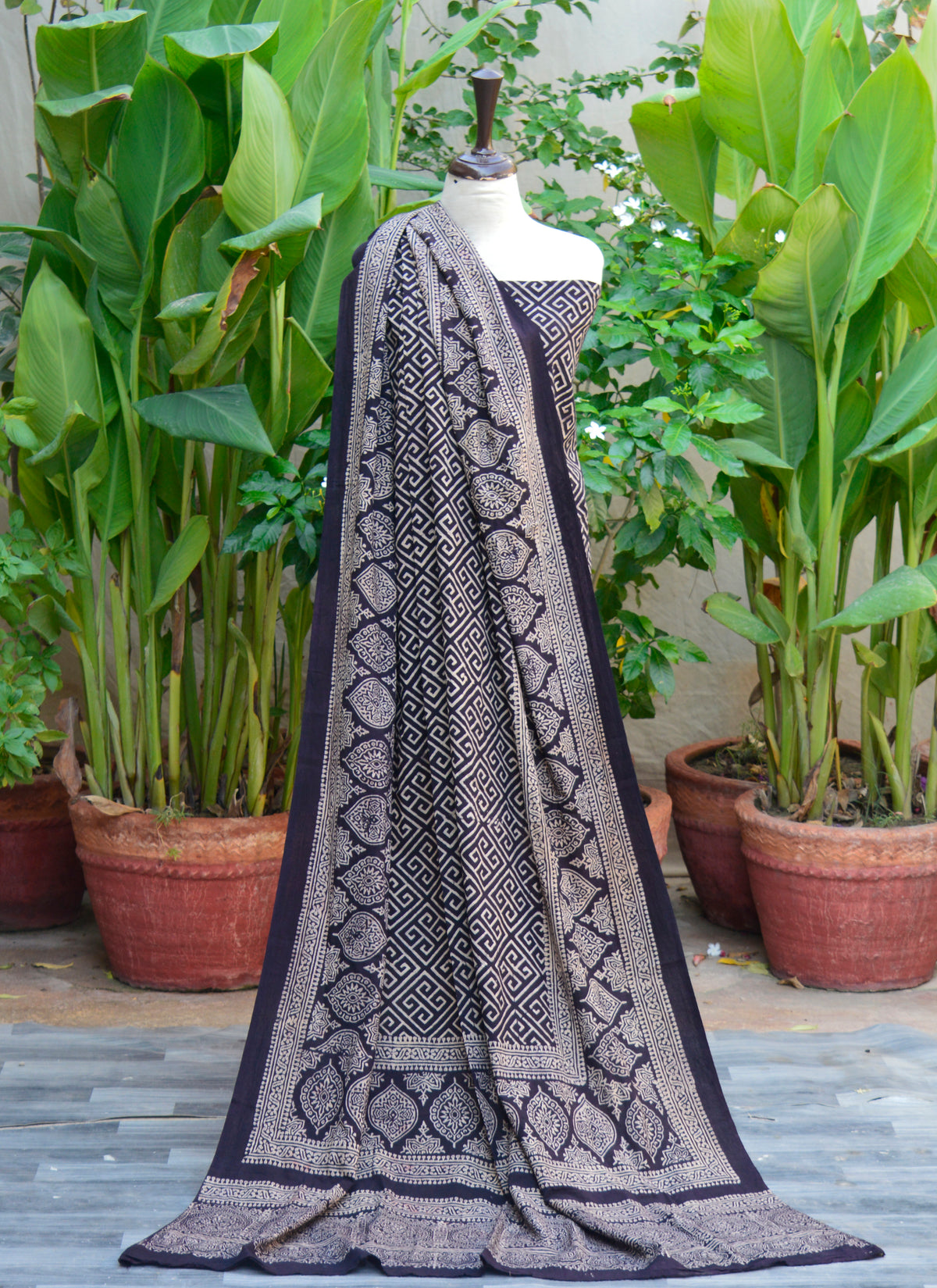 Ajrak Design Dress Black Taskeen Dress – Hand Block Printed Cotton Unstitched Shirt & Dupatta Two-Piece.