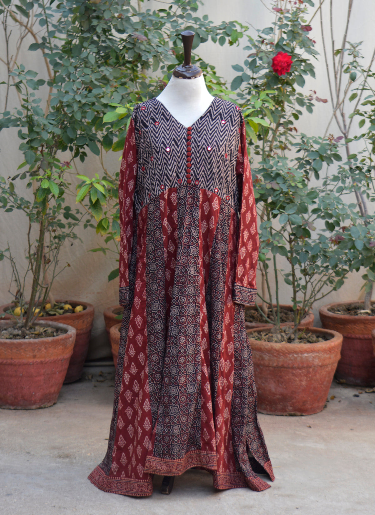 Ajrak Design Dress Anarkali lawn with Gamthi block print and mirror embroidery