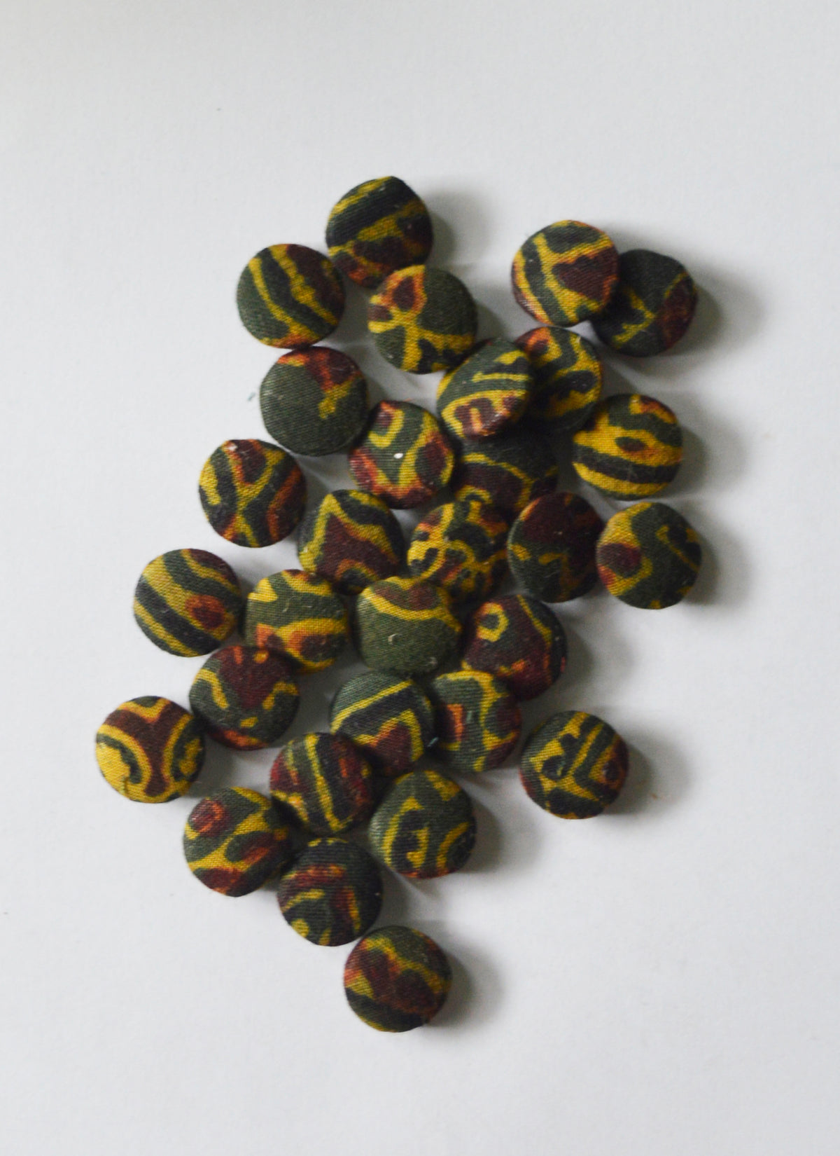 Ajrak handmade fabric buttons set of 6 in green with yellow maroon hand block printed design