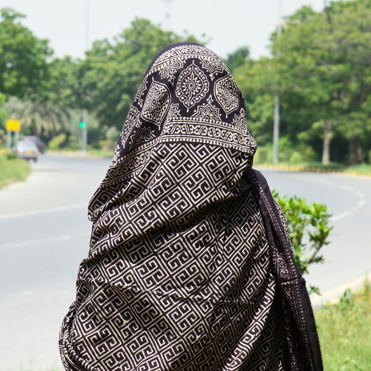 Organic dye Ajrak chaadar in Taskeen design – traditional Sindhi black shawl with handcrafted detailing