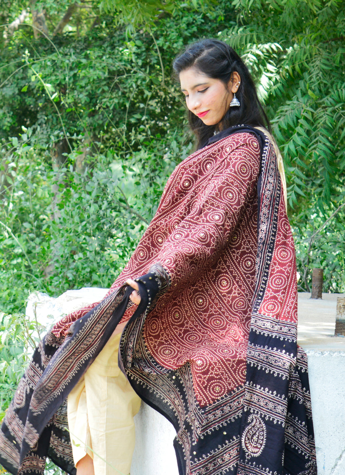 Hand block printed Ajrak Chunri Chaadar with organic dyes in deep red and black