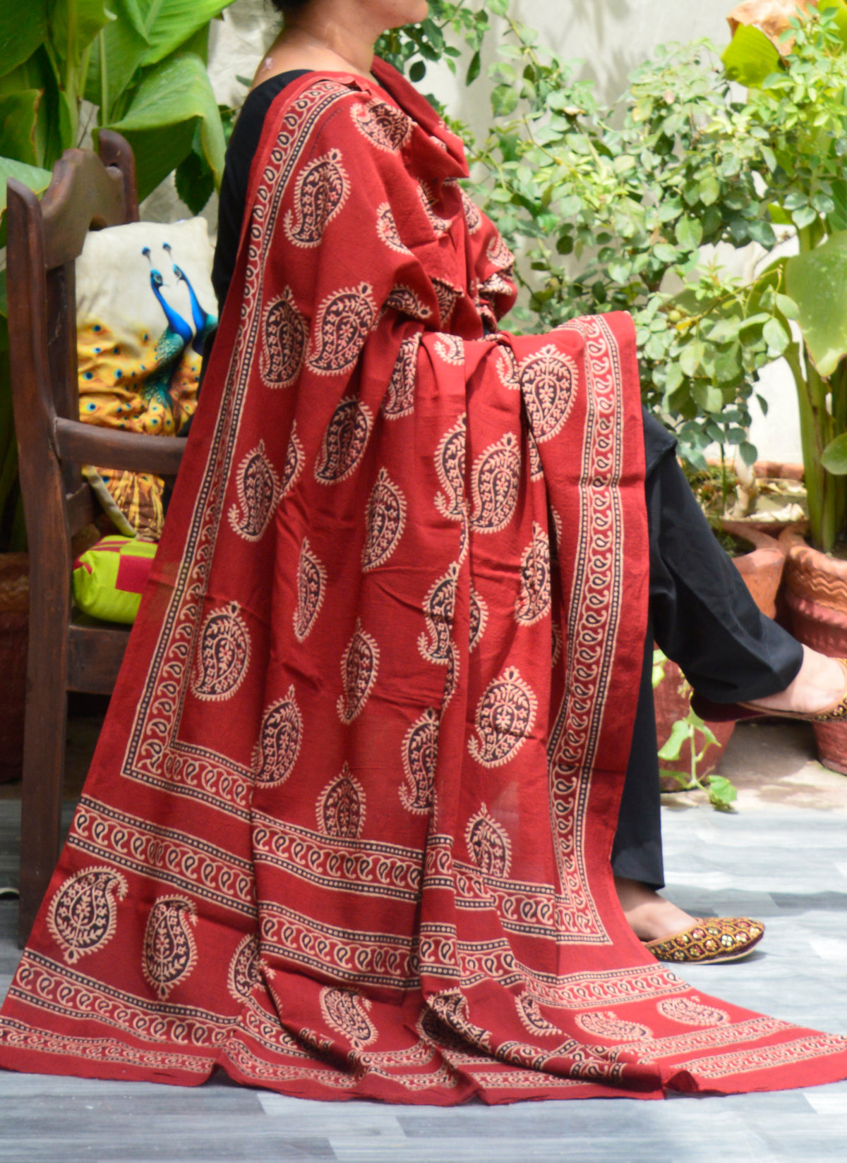 Red Ajrak chaadar – Anbi motif hand block printed with natural dye