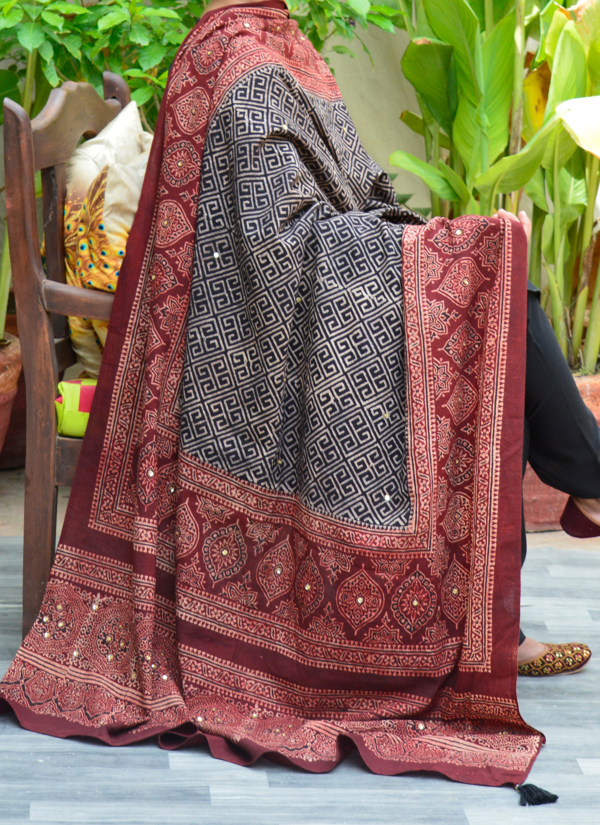 Ajrak Chaadar Taskeen with hand stitched sitara sequences and thread tassels in organic dye hand block print
