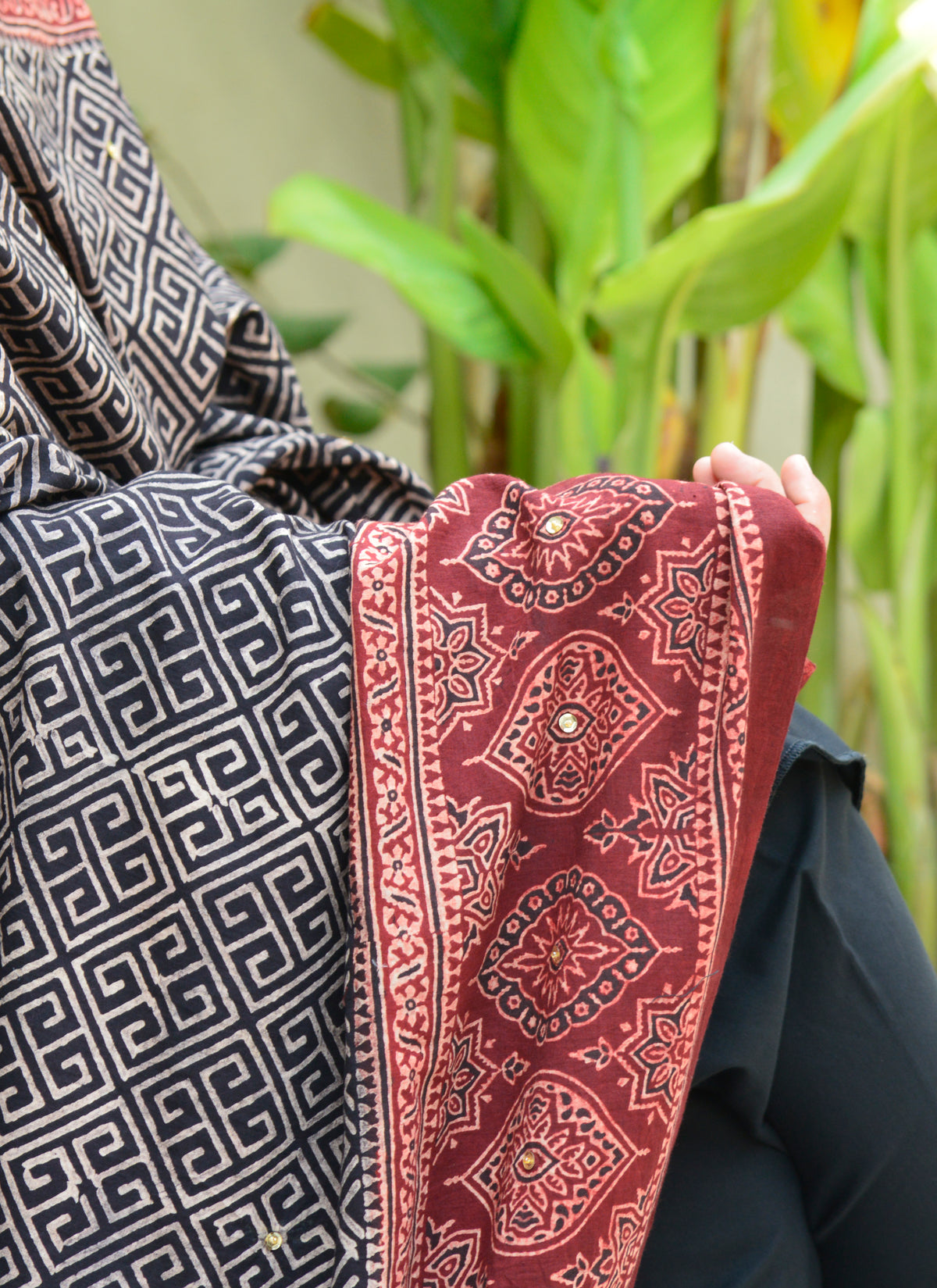 Elegant Ajrak Design Dress accessory featuring sitara sequences, tassels, and intricate hand block printing