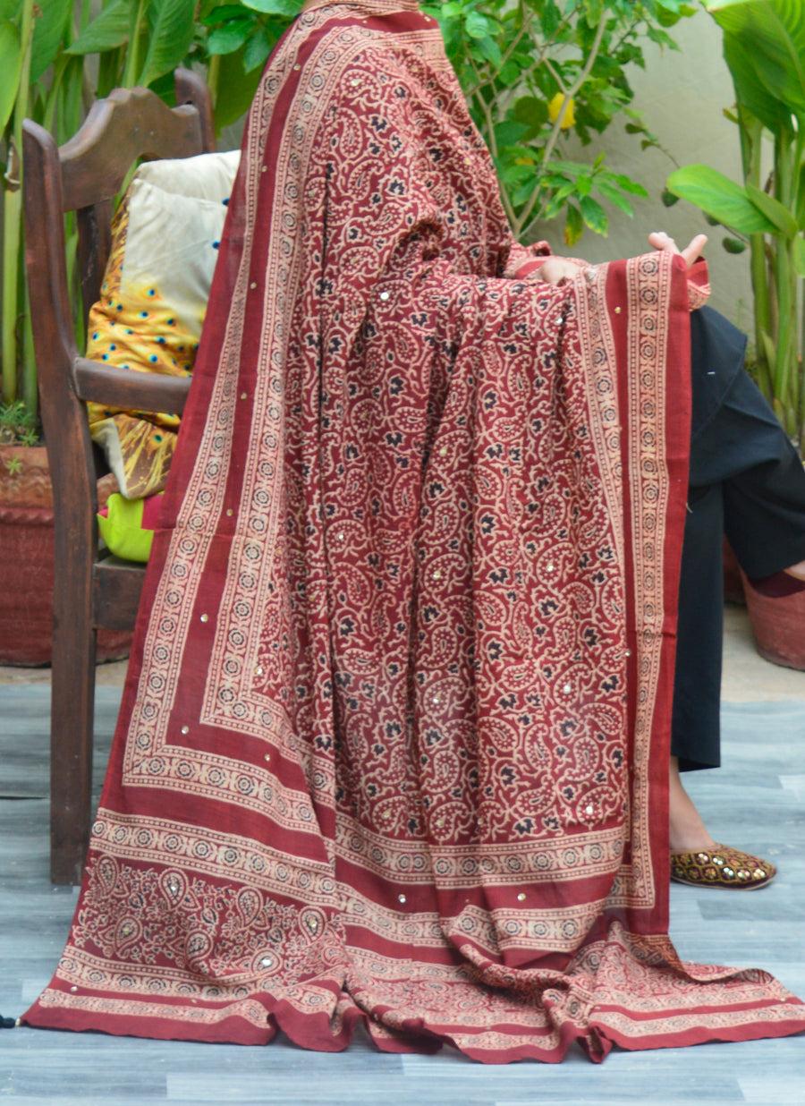 Ajrak Chaadar – Organic Dye Hand Block Printed Chinar Leaf Design | Lawn