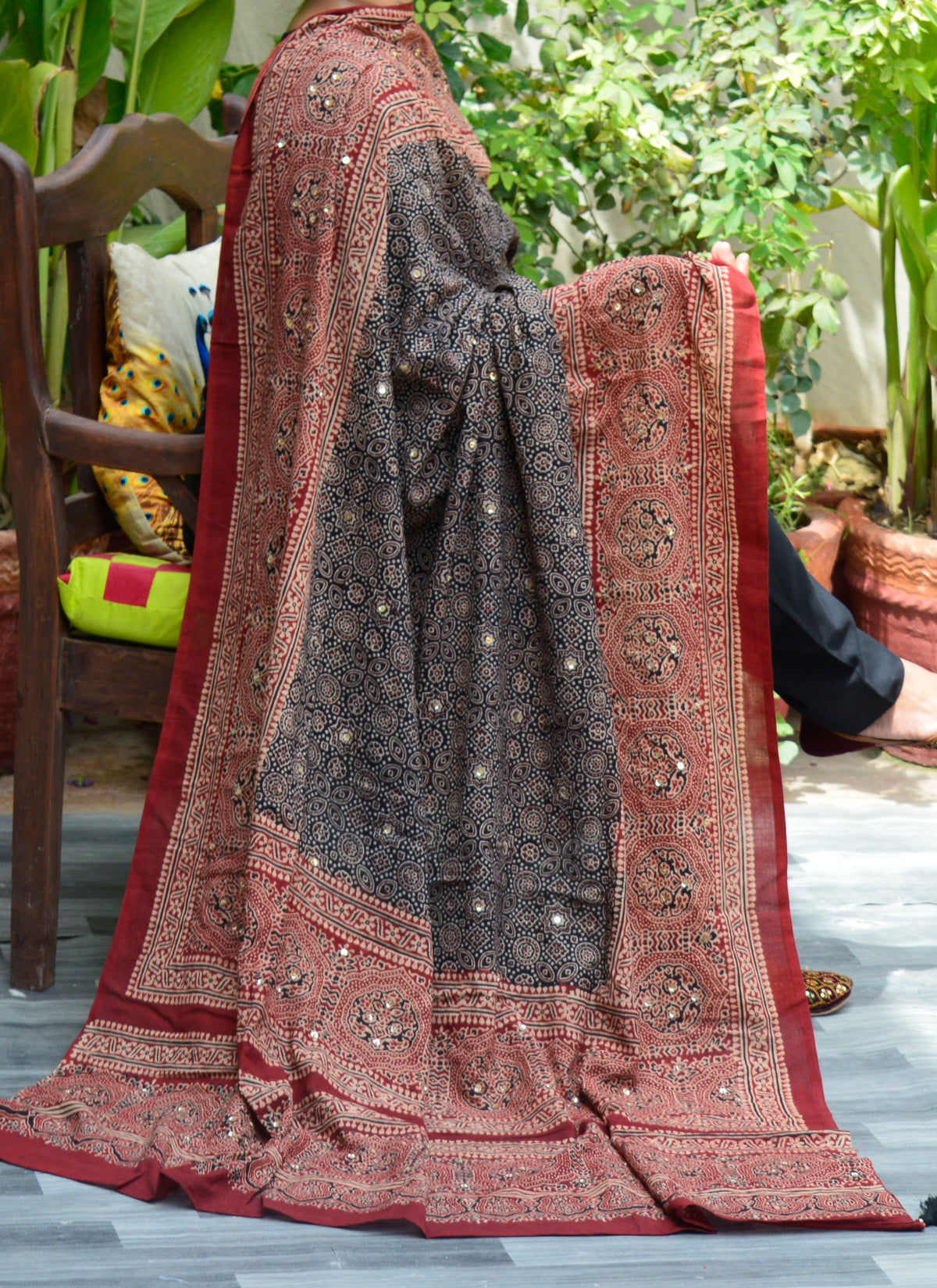Black Red Ajrak Chaadar with hand block print, sitara sequence work, and thread tassels