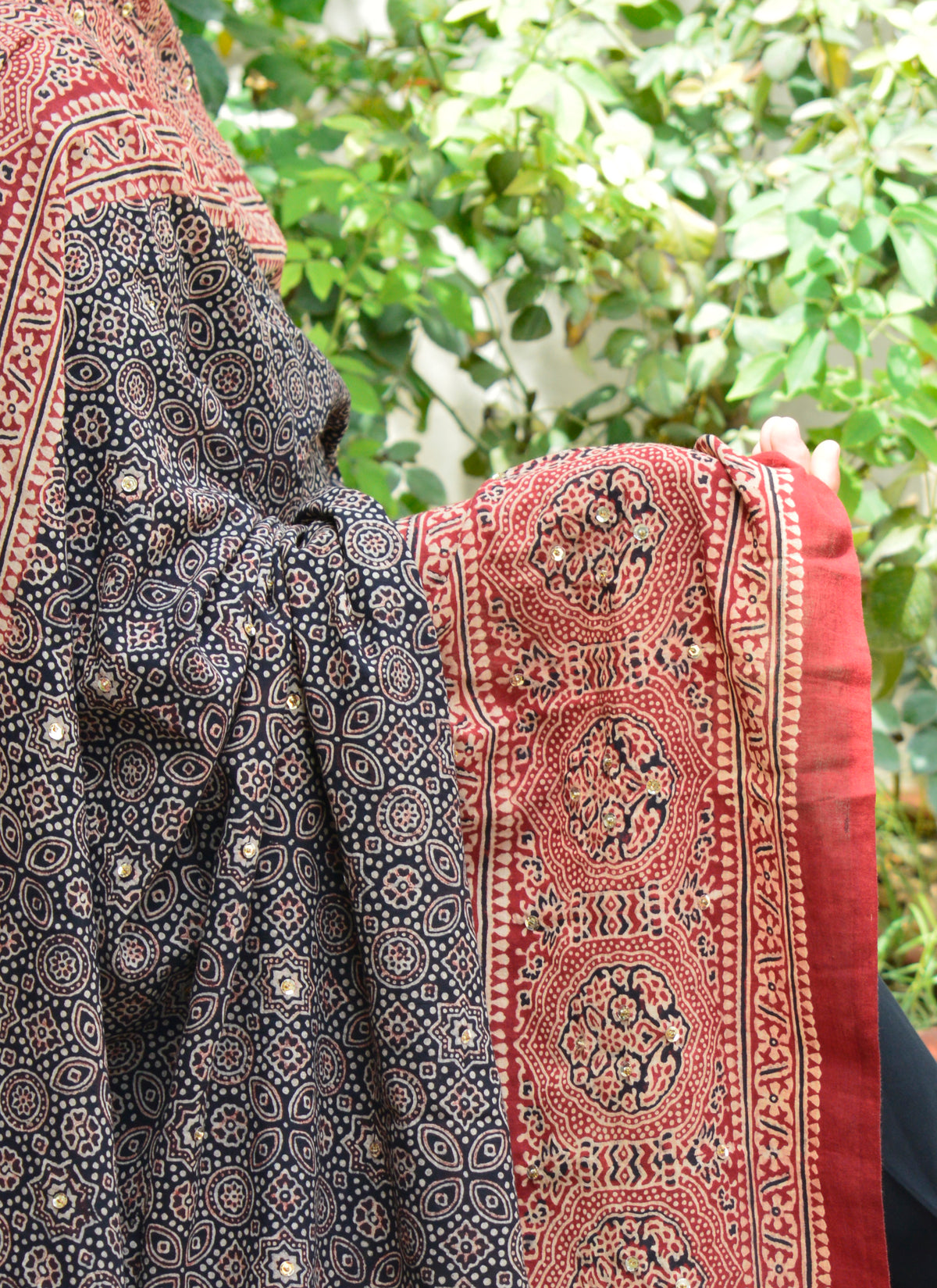 Traditional Sindhi Ajrak Odhni handcrafted with organic dyes and shimmering studs