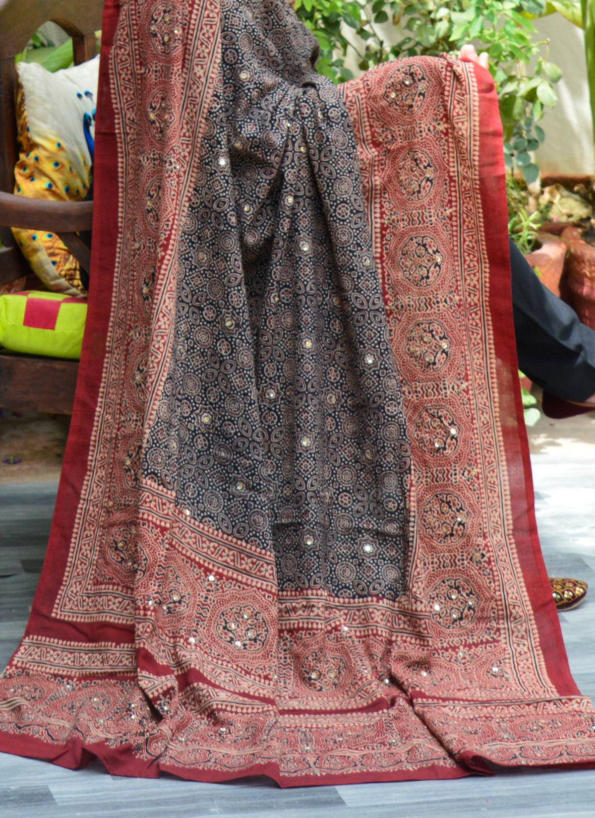 Elegant Ajrak Dupatta Black Red with hand-stitched sequins and tassel embellishments