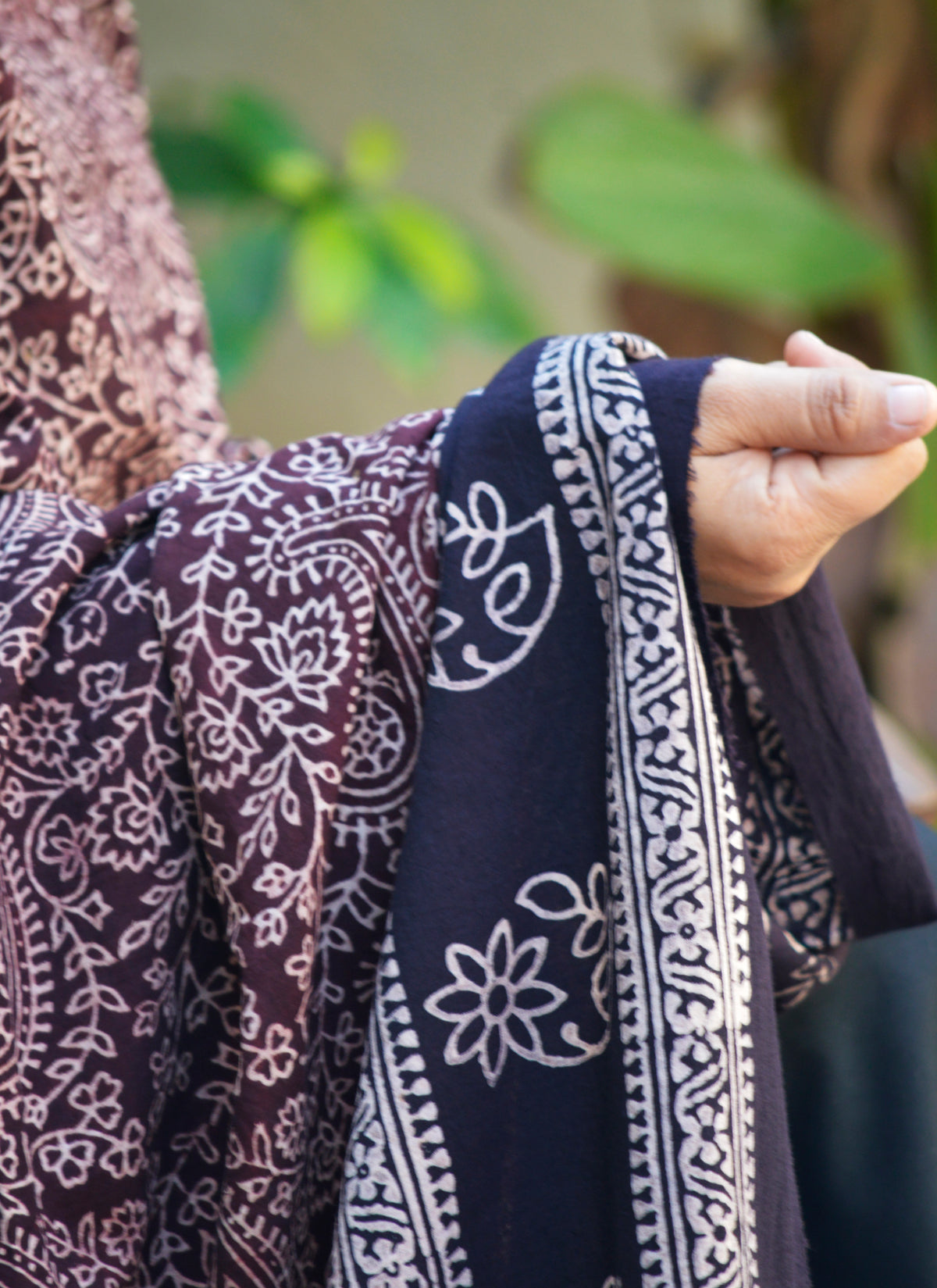 Maroon and black contrast Ajrak shawl for women, organic dye cotton fabric with classic Sindhi motifs