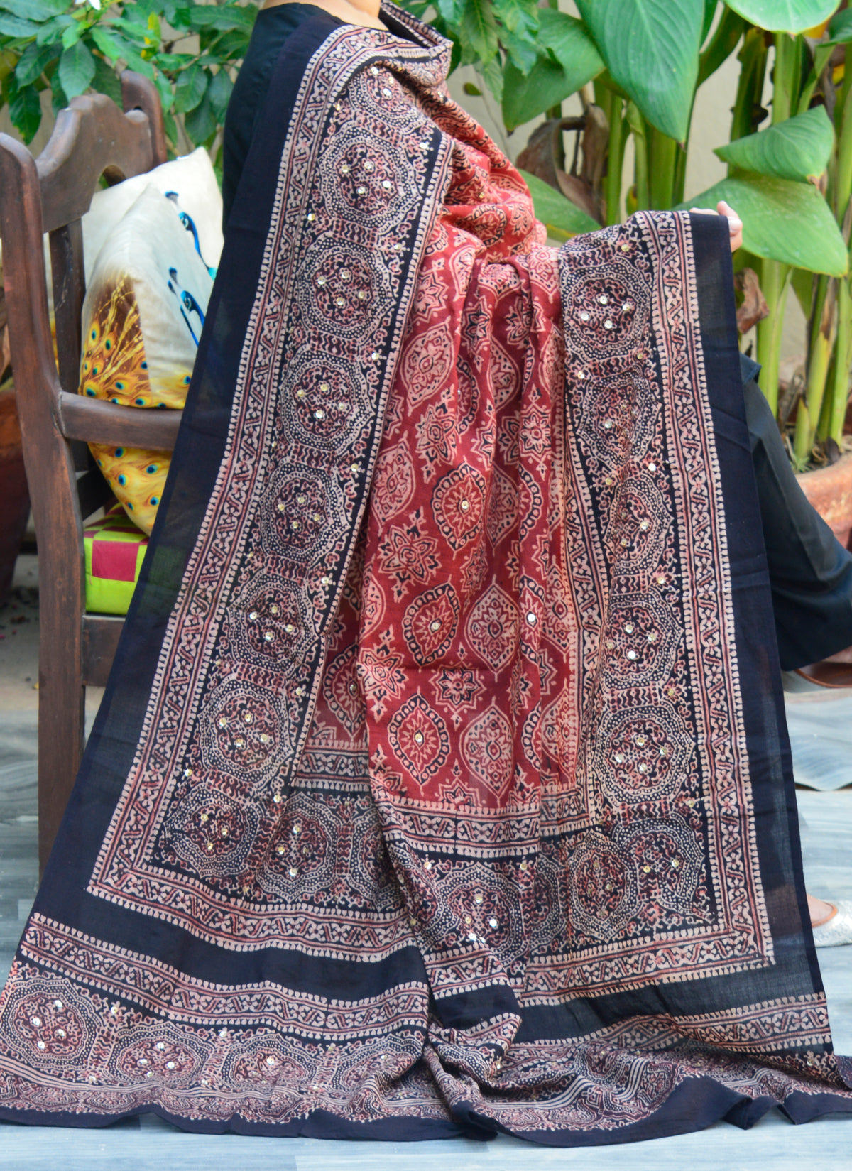 Ajrak Badam Contrast Chadar with Hand-Stitched Sitara Sequences – Organic Dye Cotton