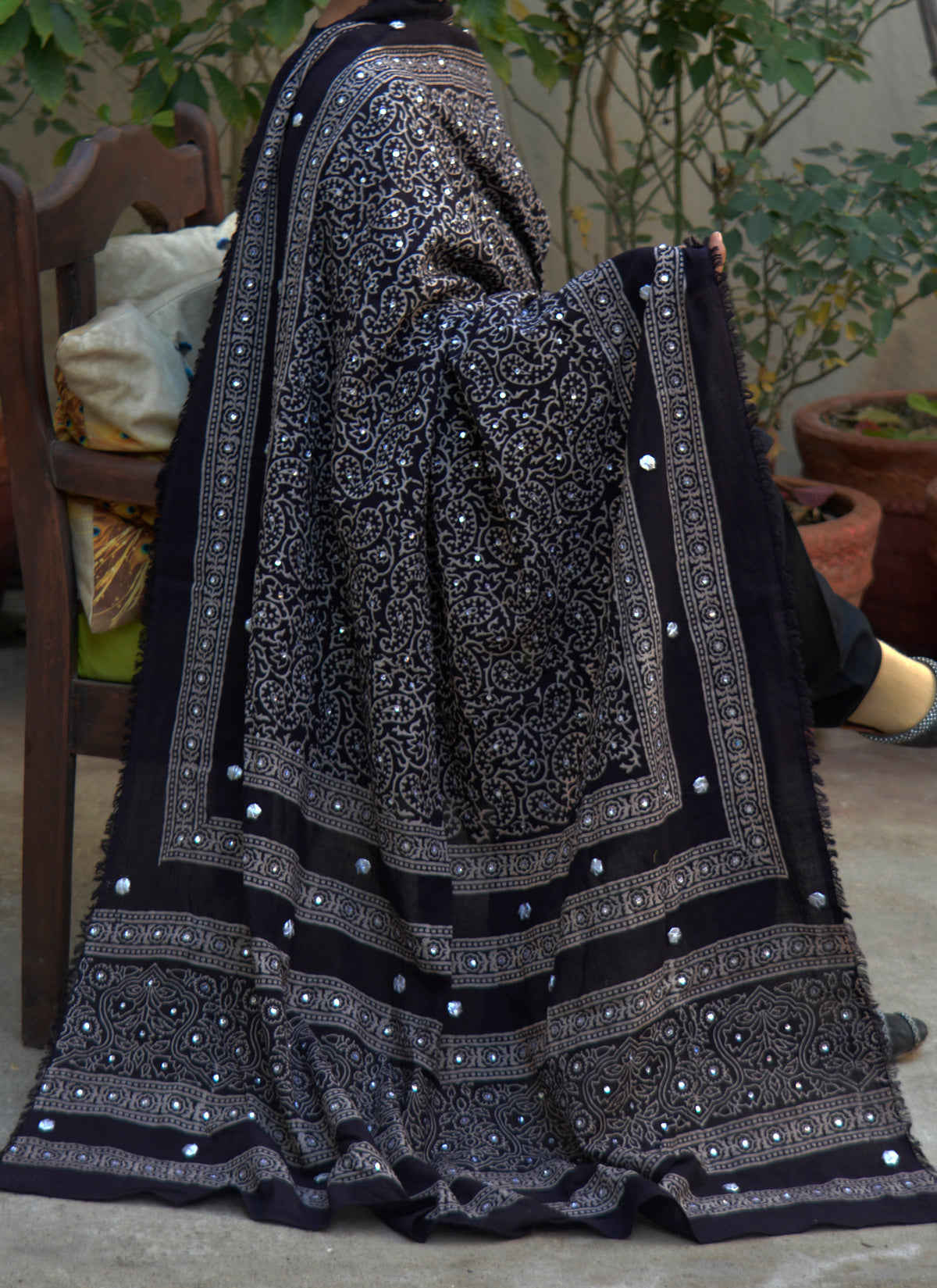 Premium Ajrak Design Dress black Ajrak chaadar with sitara and tassels cultural wear