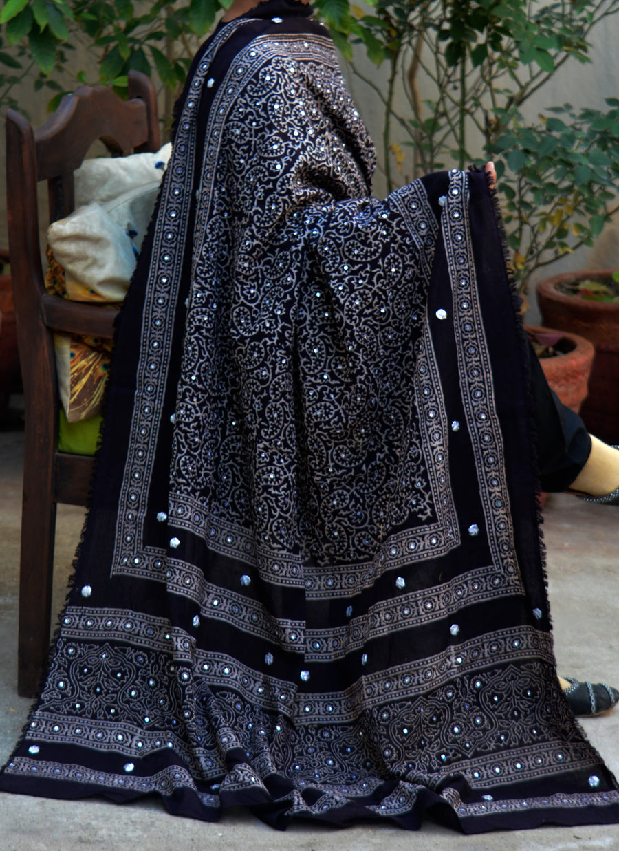 Ajrak Black Shawl Midnight Sparkles – Organic Dye Hand Block Printed Chaadar Lawn with Sitara, Gotta Flowers & Thread Tassels