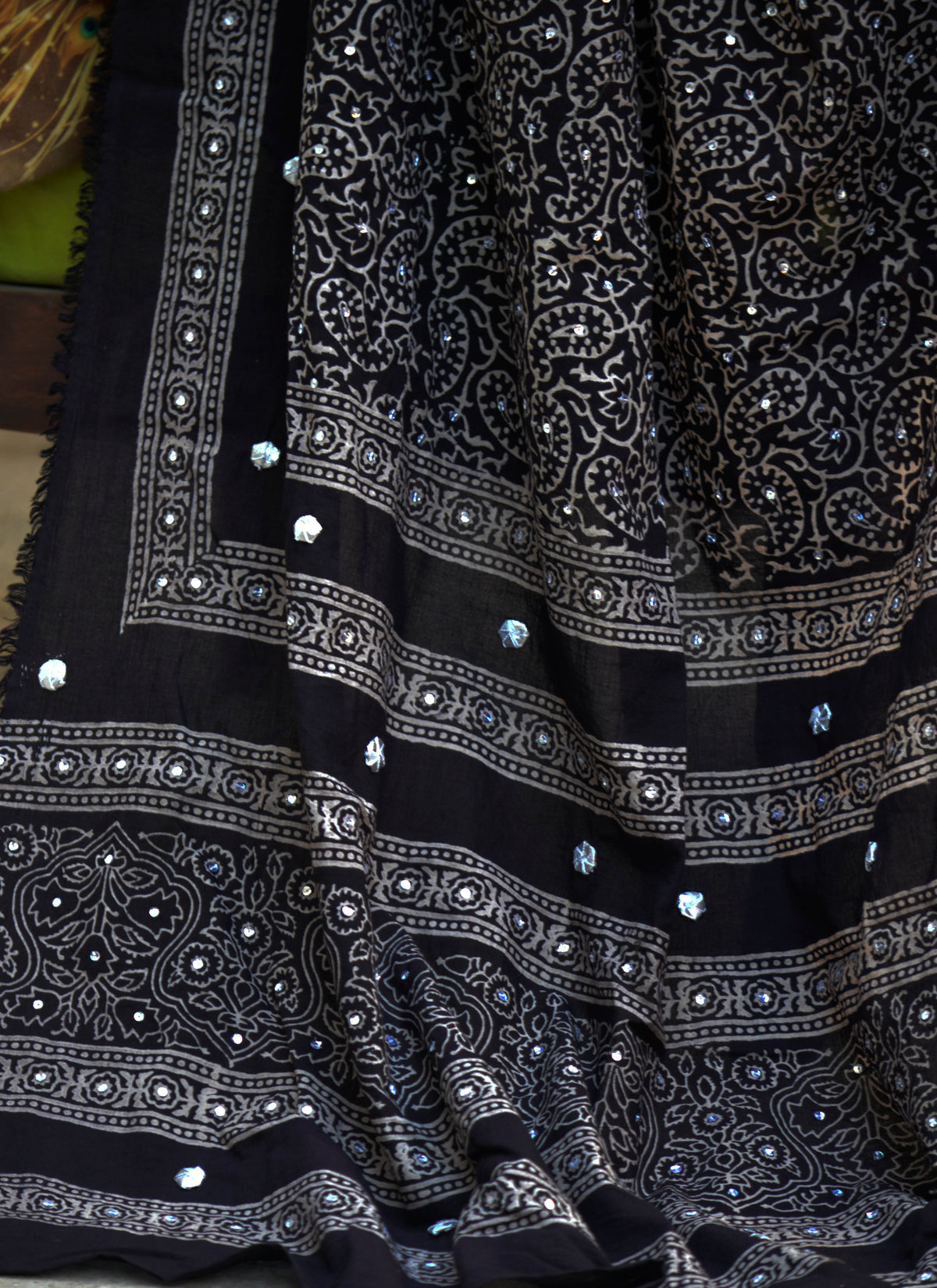 Traditional Sindhi Ajrak Design Dress black shawl organic dye hand block print close up