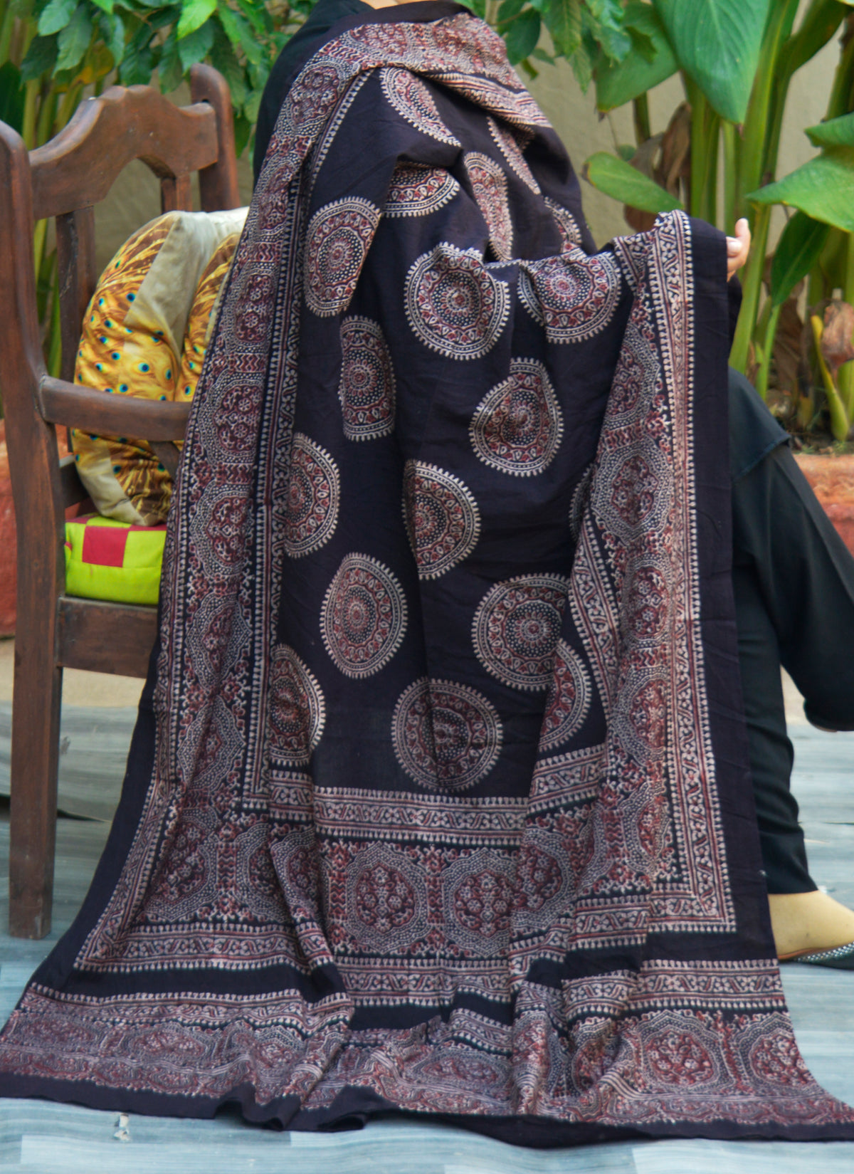 Ajrak Chaadar Chakra Black & Burgundy hand block printed organic dye cotton wrap – Ajrak Design Dress