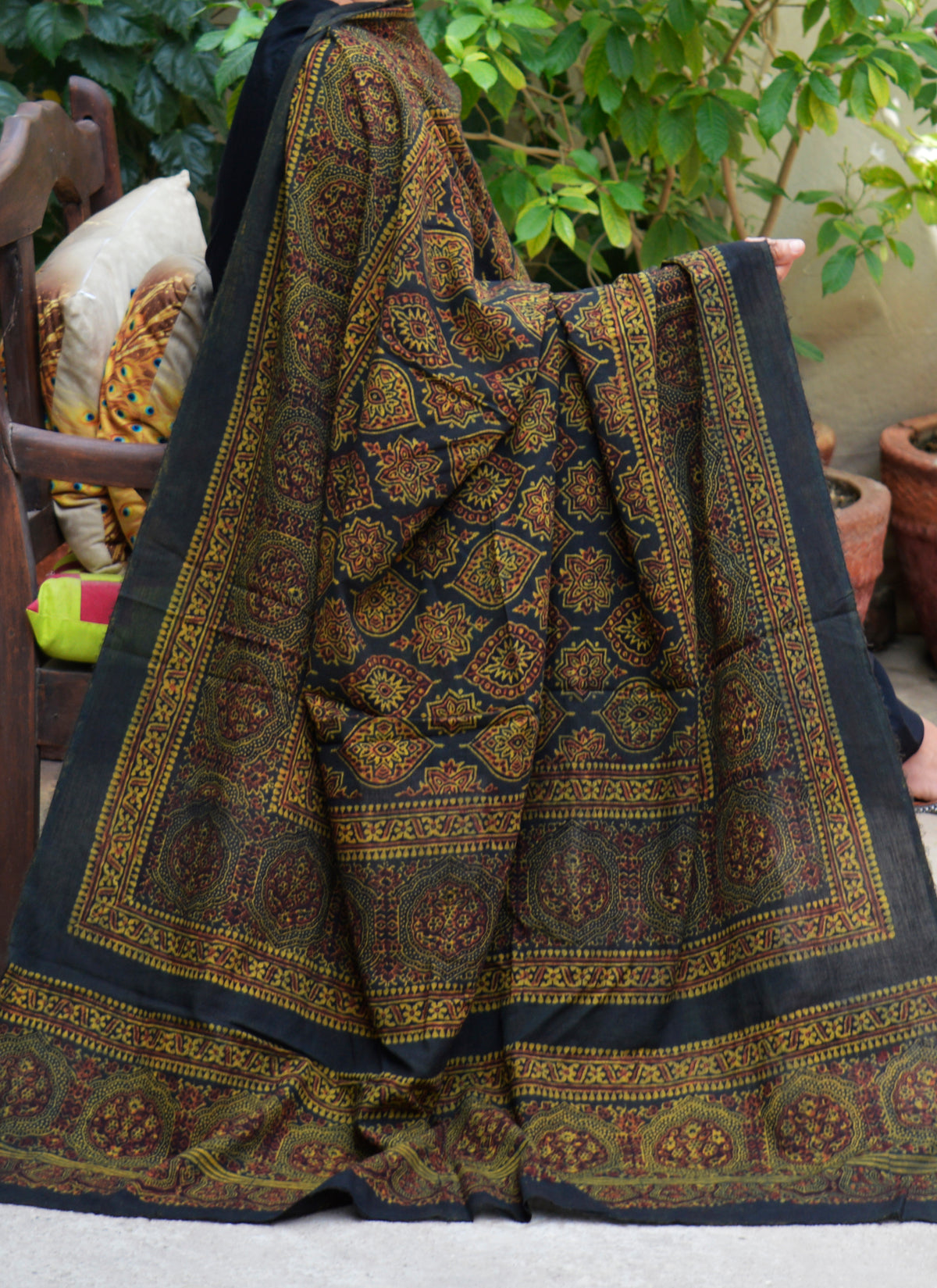 Ajrak Green Chadar organic dye hand block printed lawn with maroon filling motifs