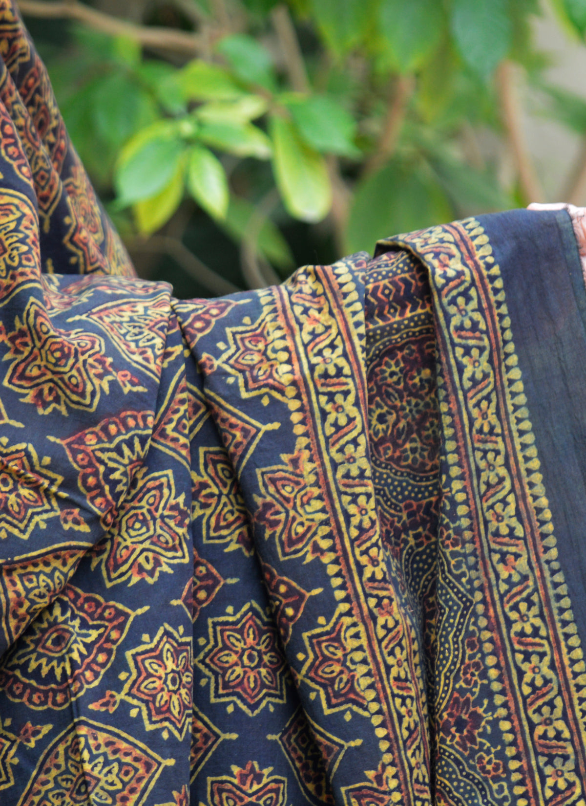 Handmade Ajrak chadar green lawn fabric with organic dye and maroon block print motifs
