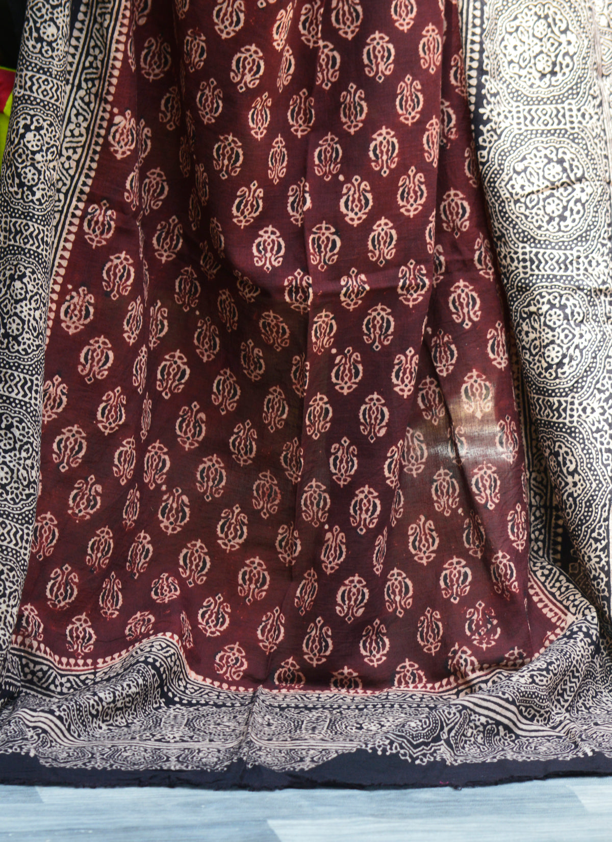 Hand block printed Ajrak shawl – floral two-tone design in soft lawn